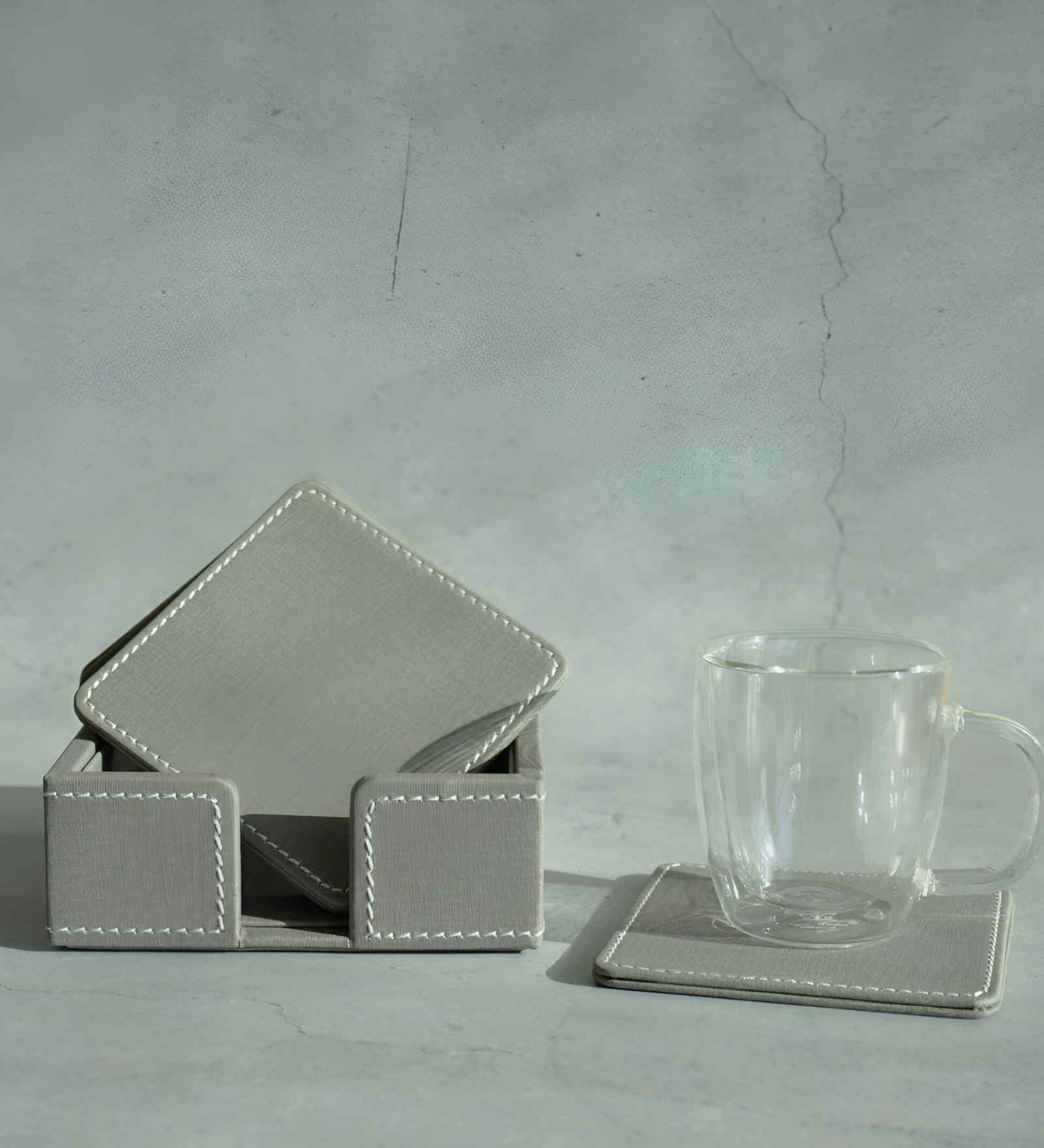 Stone Grey PU Leather Coaster Set of 6 Durable Tabletop Drink Coasters
