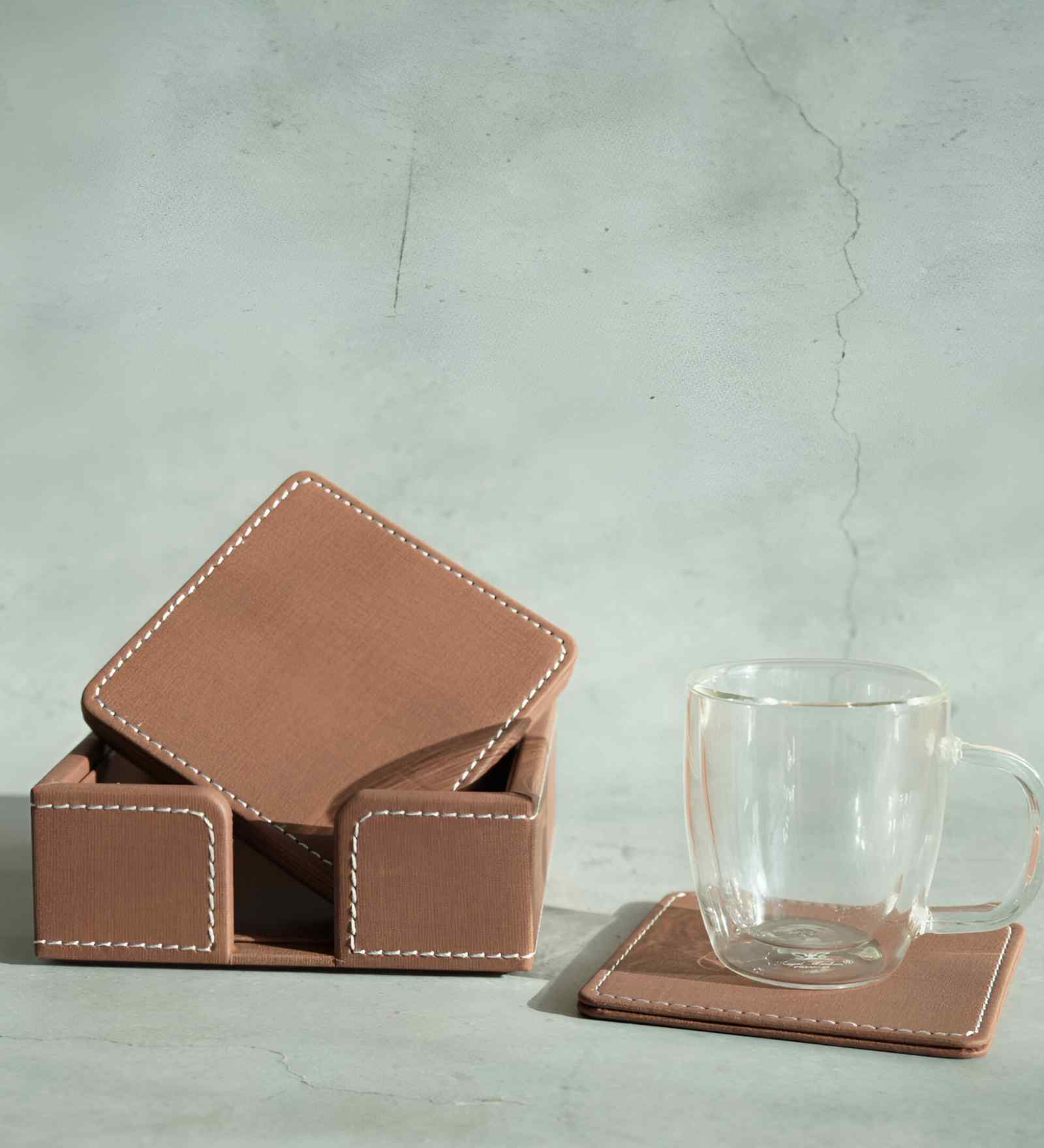 Umber Brown PU Leather Coaster Set of 6 Durable Tabletop Drink Coasters