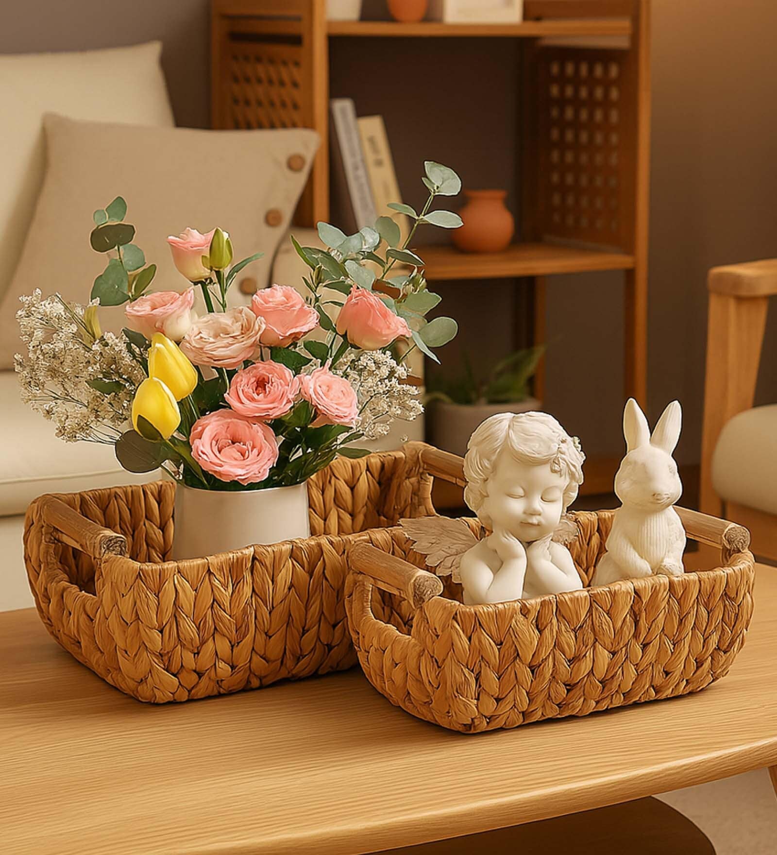 Set Of 2 Beige Water Hyacinth Handmade Storage Basket & Wardrobe Organiser