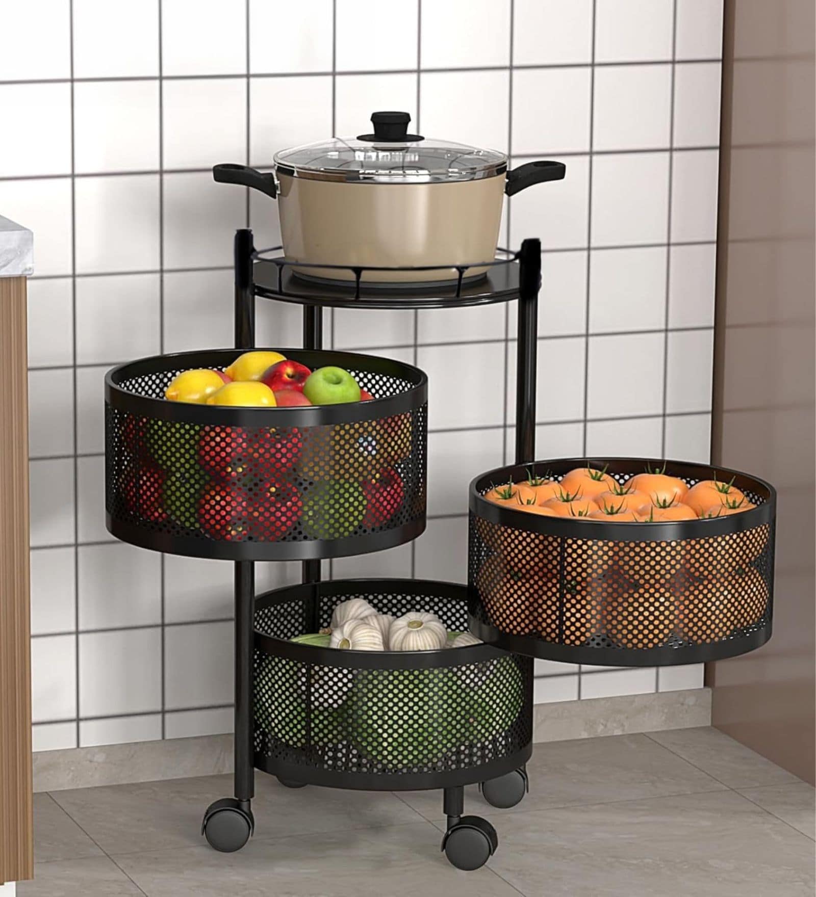 Storage Rack | 3-Layer Round Multipurpose Storage Trolley with Wheels | Rotating Vegetable Kitchen Rack | Kitchen Cabinet Spice Rack | Metal Fruit Storage Rack | Black