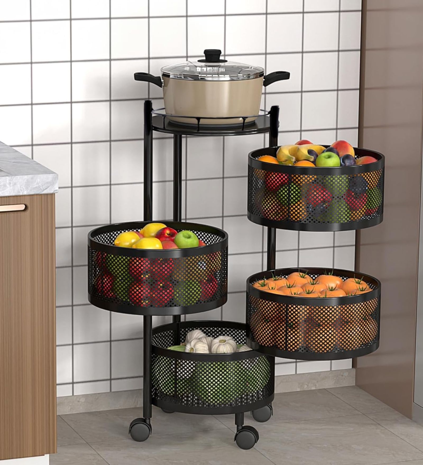 Storage Rack | 4-Layer Round Multipurpose Storage Trolley with Wheels | Rotating Vegetable Kitchen Rack | Kitchen Cabinet Spice Rack | Metal Fruit Storage Rack | Black