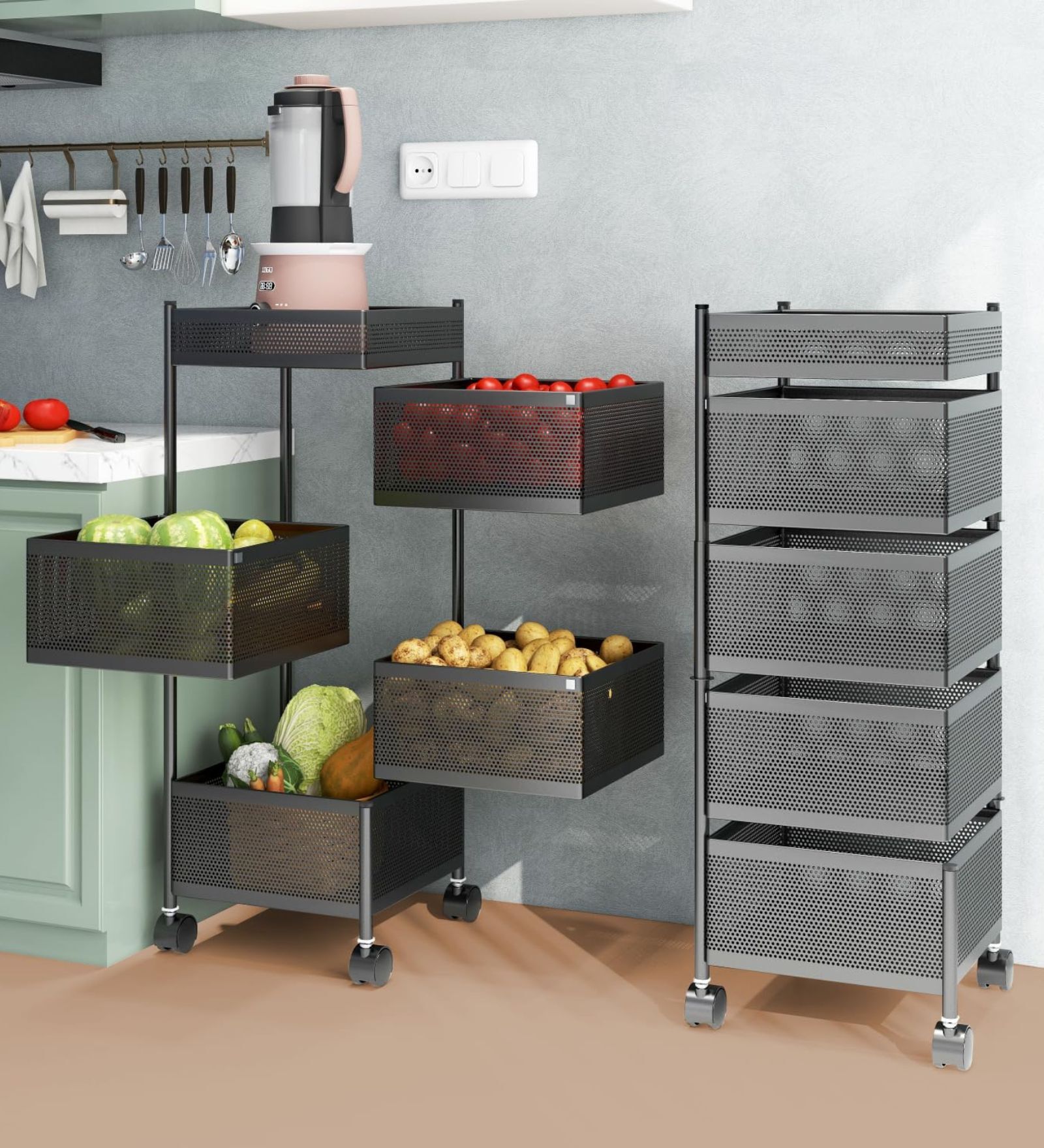 Storage Rack | 4-Layer Square Multipurpose Storage Trolley with Wheels | Rotating Vegetable Kitchen Rack | Kitchen Cabinet Spice Rack | Metal Fruit Storage Rack | Black