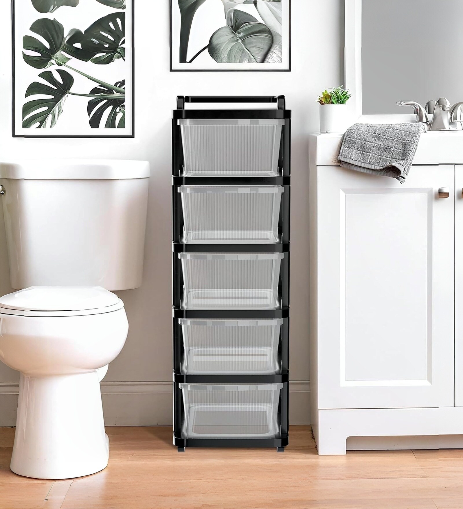 Black Storage Rolling Cart With Wheels 5 Layer