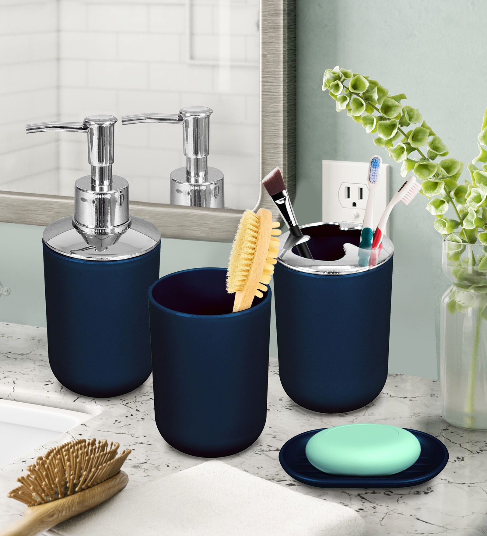 Buy Dark Blue Plastic Counter Top Bathroom Accessories, Set of 4 at 40