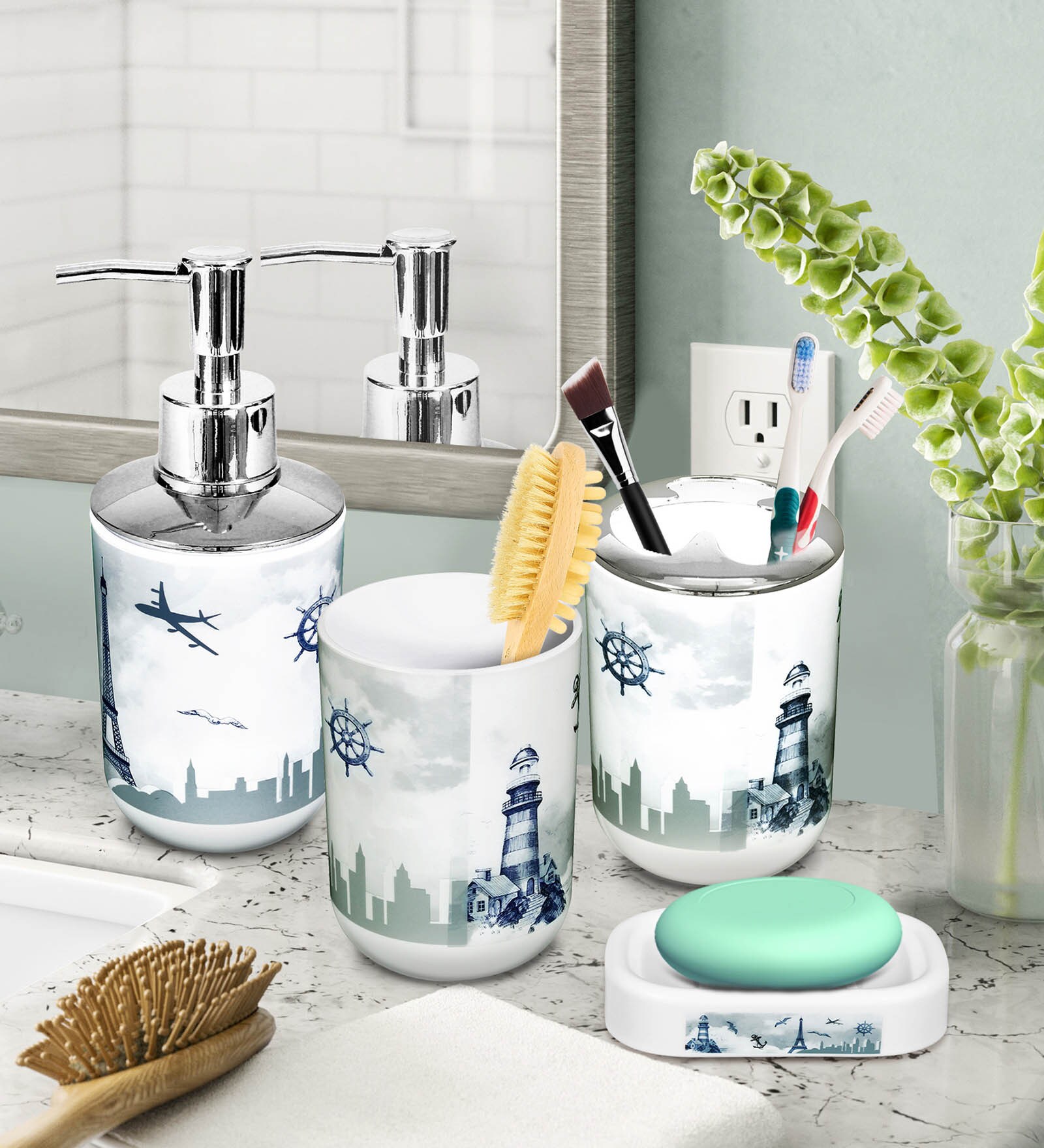 White & Grey Plastic Counter Top Bathroom Accessories, Set of 4