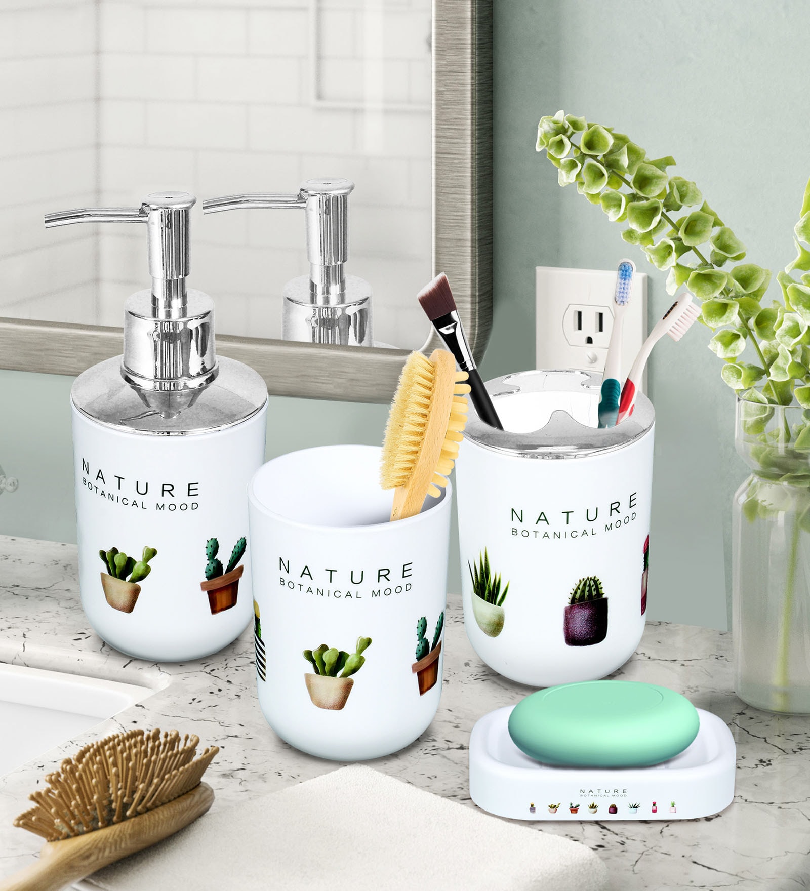 White Plastic Counter Top Bathroom Accessories, Set of 4