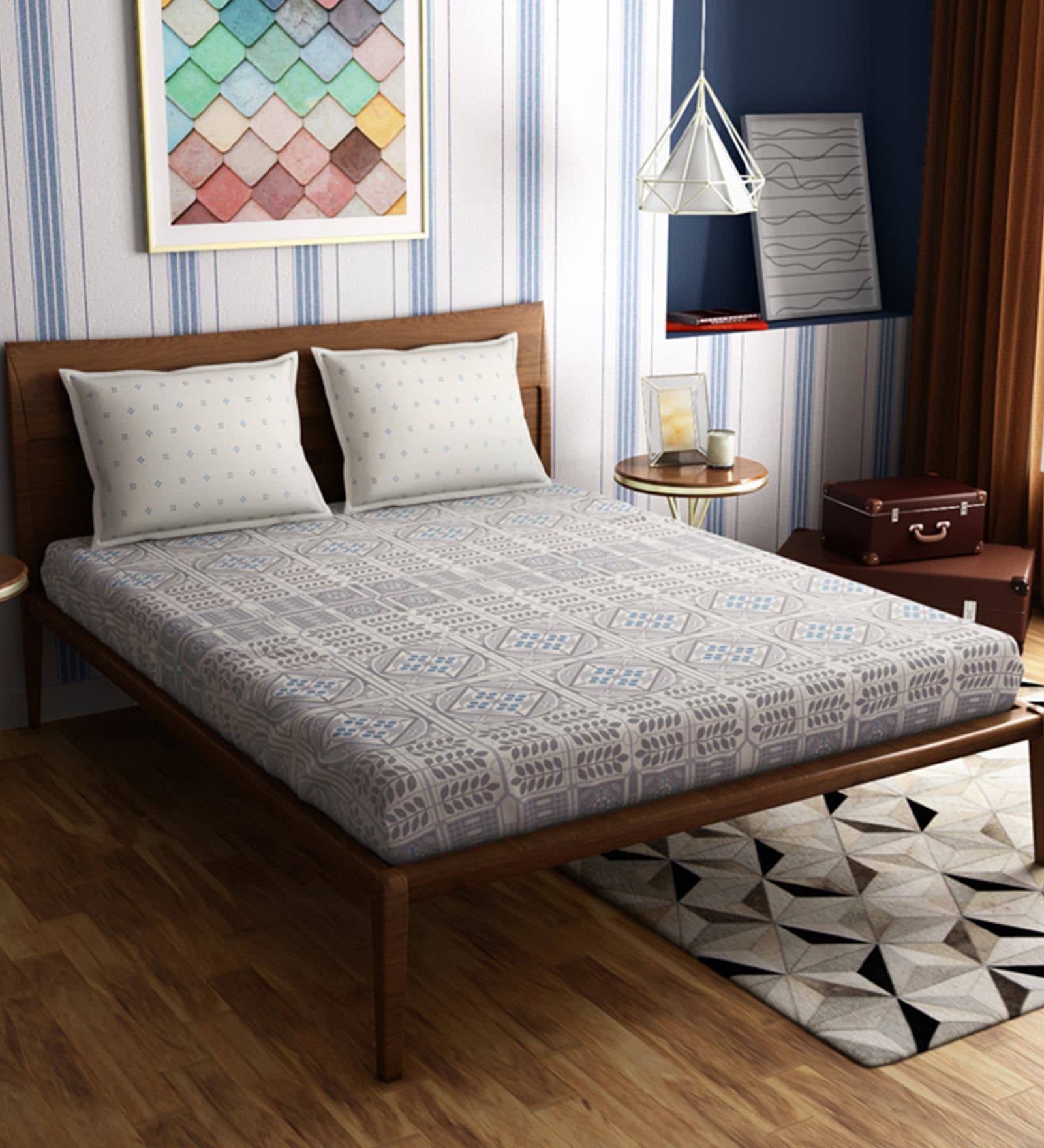 Multicolor Traditional 300 TC 100% Cotton Queen Sized Bed Sheets with 2 Pillow Covers