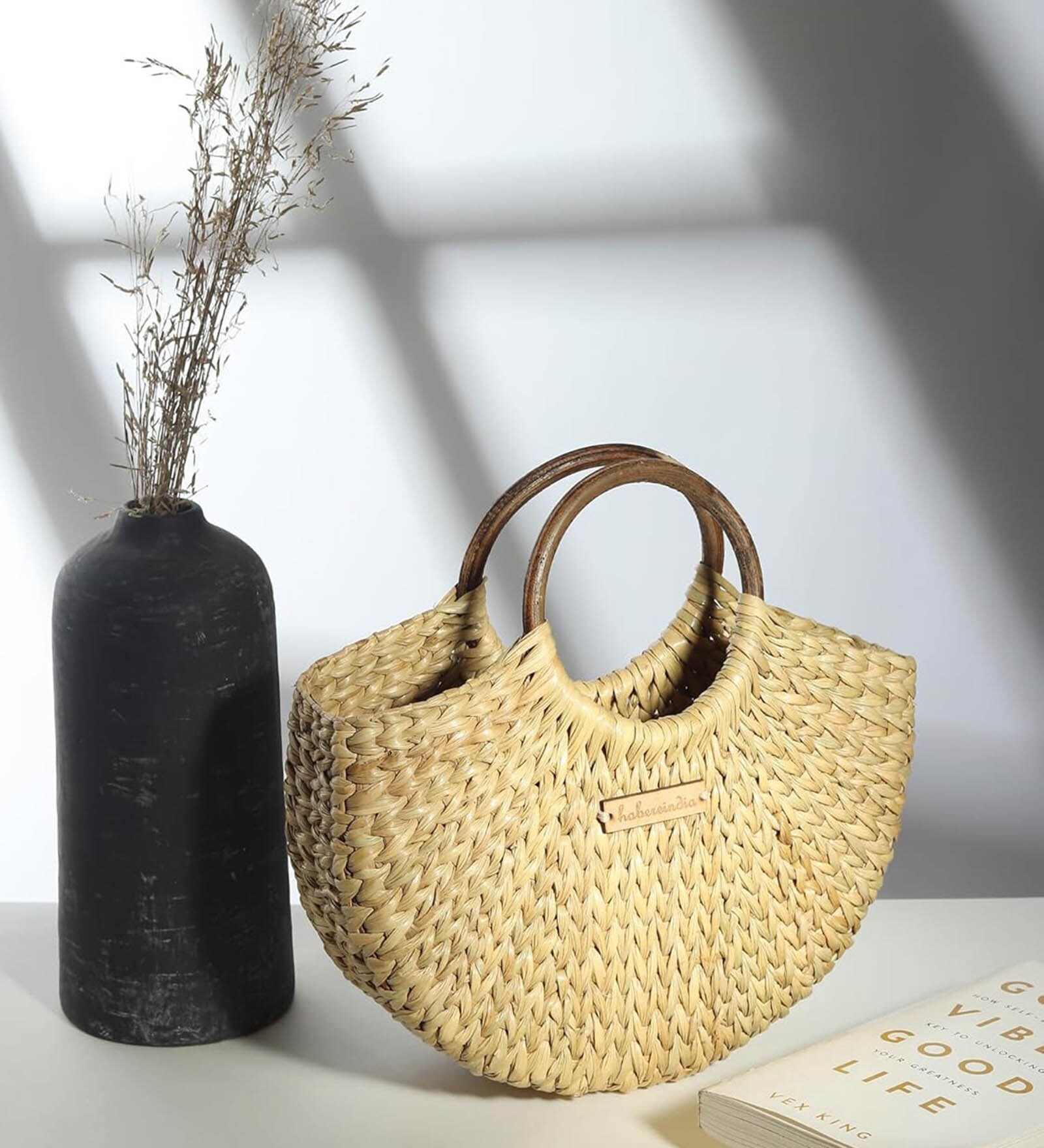 Straw Tote, Small Basket, Bamboo Beach Bag for Women, Boho Kauna Handbag, Half Moon