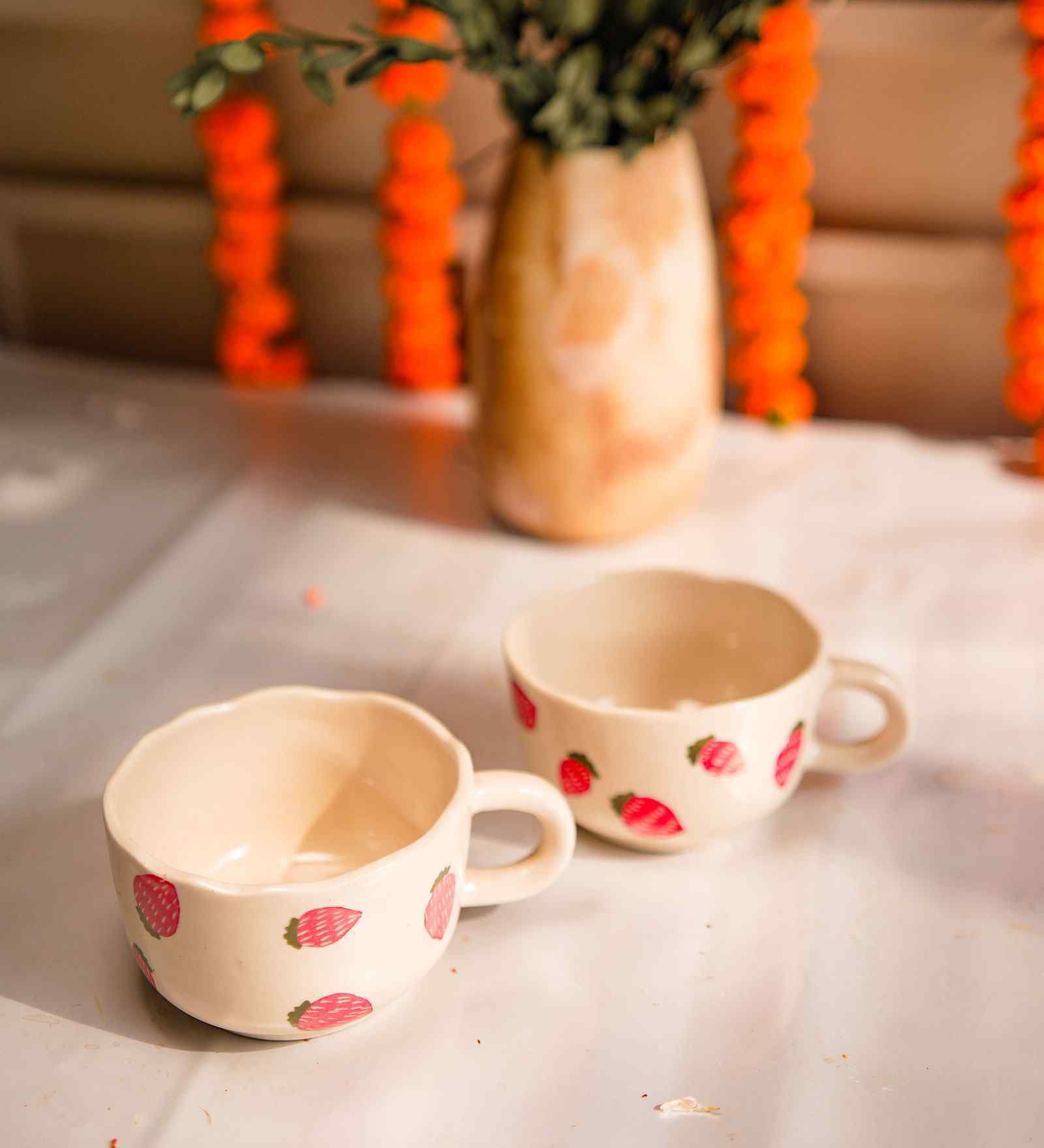 Red & White Strawberry Ceramic Mug Set of 2