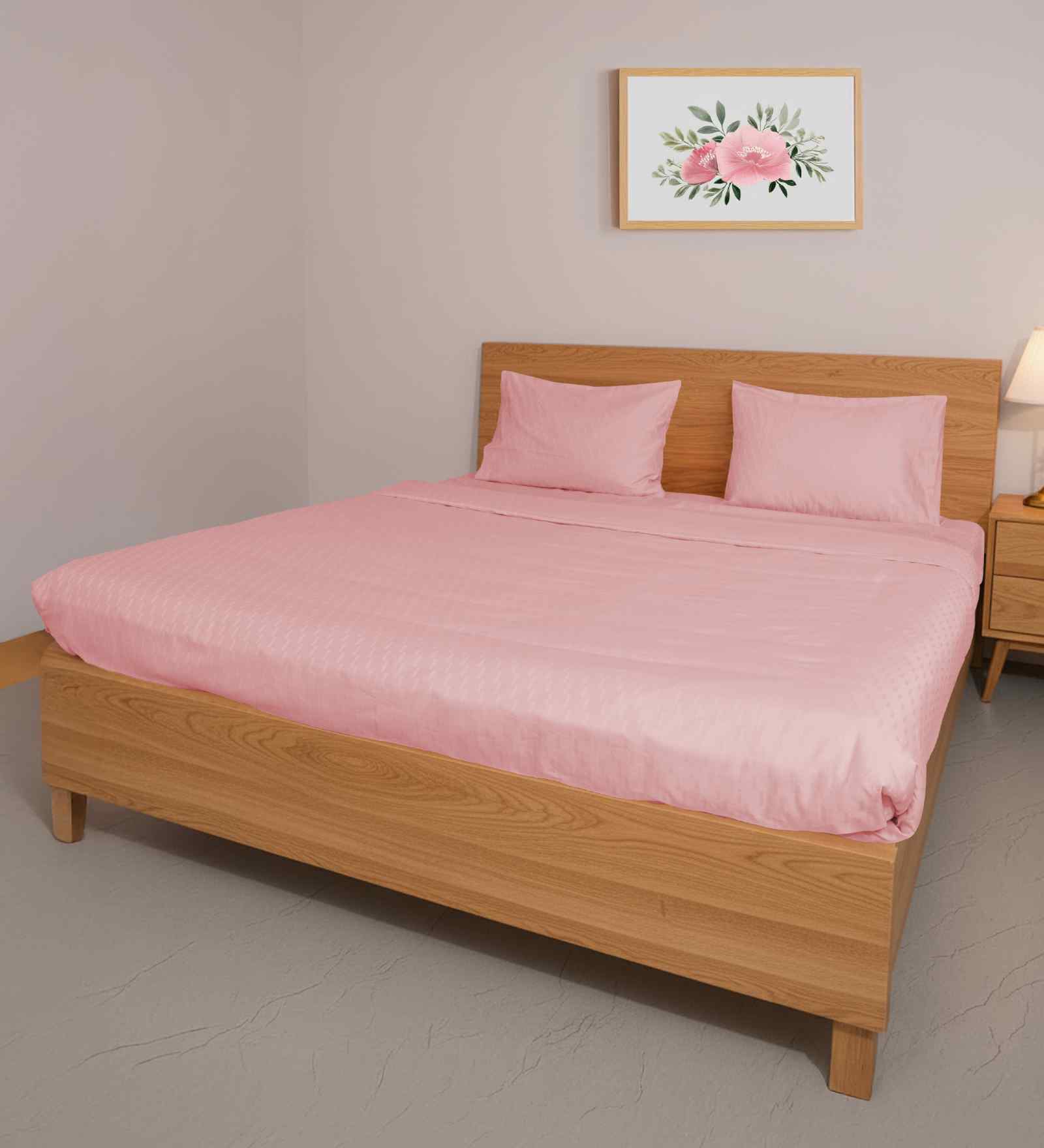 Strawberry Cream Step Design 300 TC 100% Cotton Queen Size Fitted Bed Sheet With 2 Pillow Covers