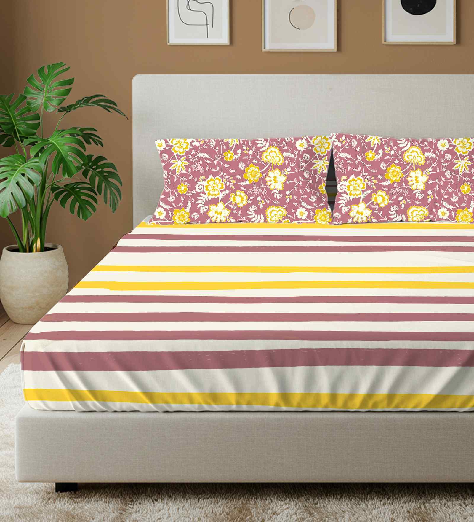 Streak Muddy Pink Floral 144 Tc Cotton King Bedsheet With 2 Pillow Covers