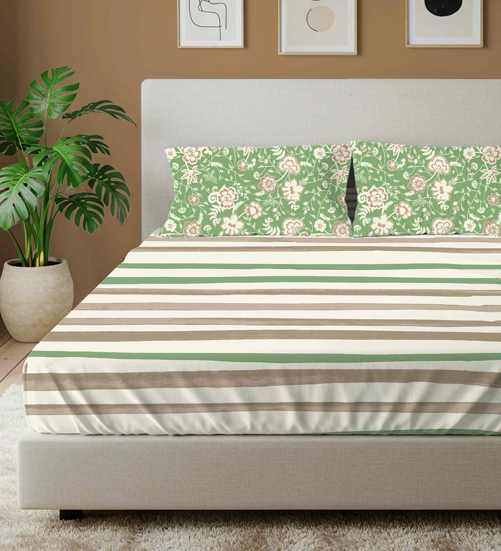 Streak Sage Green Floral 144 Tc Cotton King Bedsheet With 2 Pillow Covers