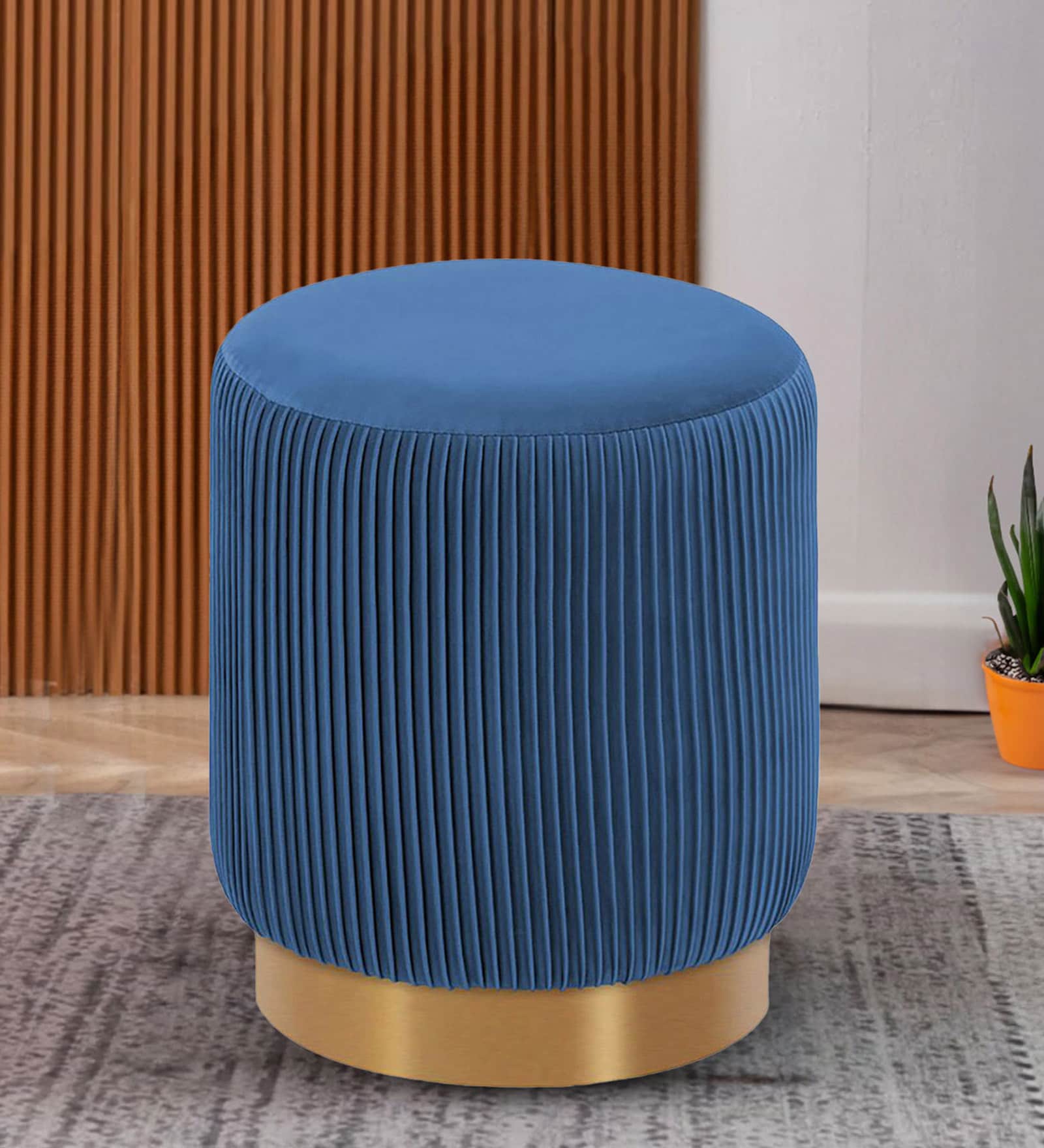 Streaked Velvet Pouffe In Blue Colour