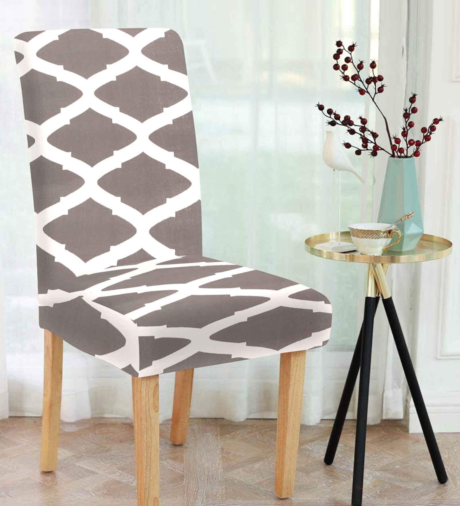 Grey Stretchable Printed Polyester Chair Cover