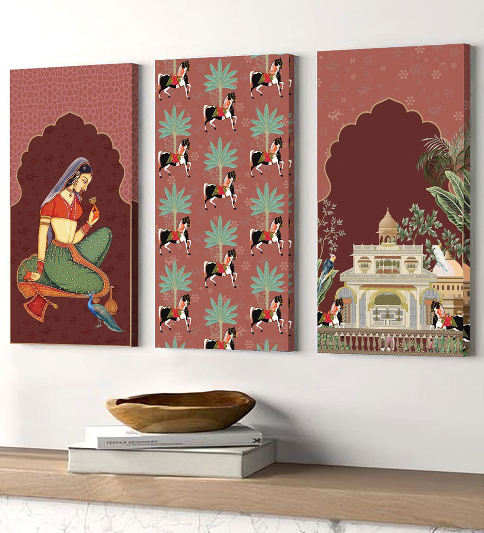 Stretched Canvas Painting Royal Mughal Beautiful Woman & Horse for Home Decor