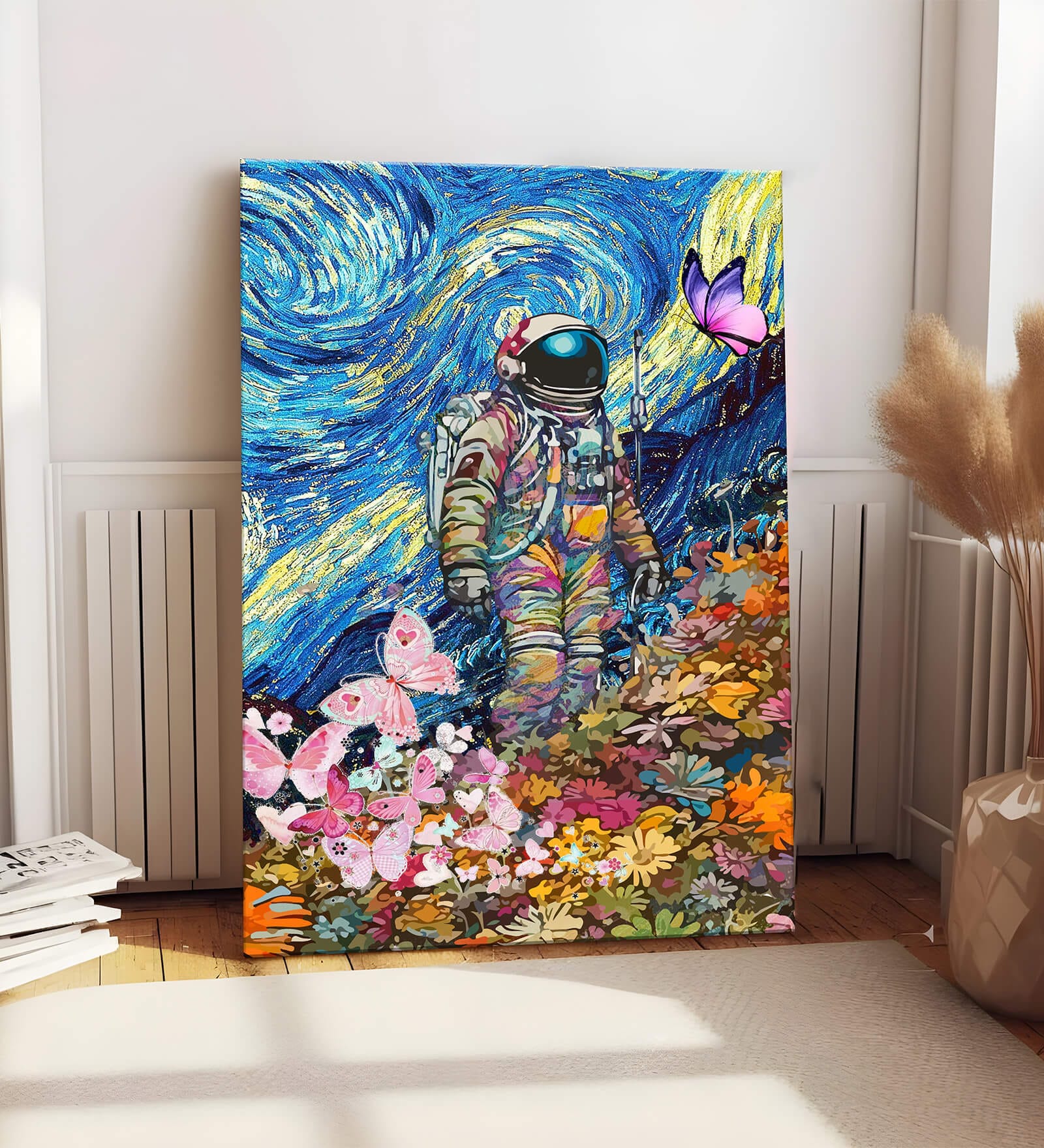 Stretched Canvas Painting Space Astronaut Graffiti Butterfly Wall Art Home Decor