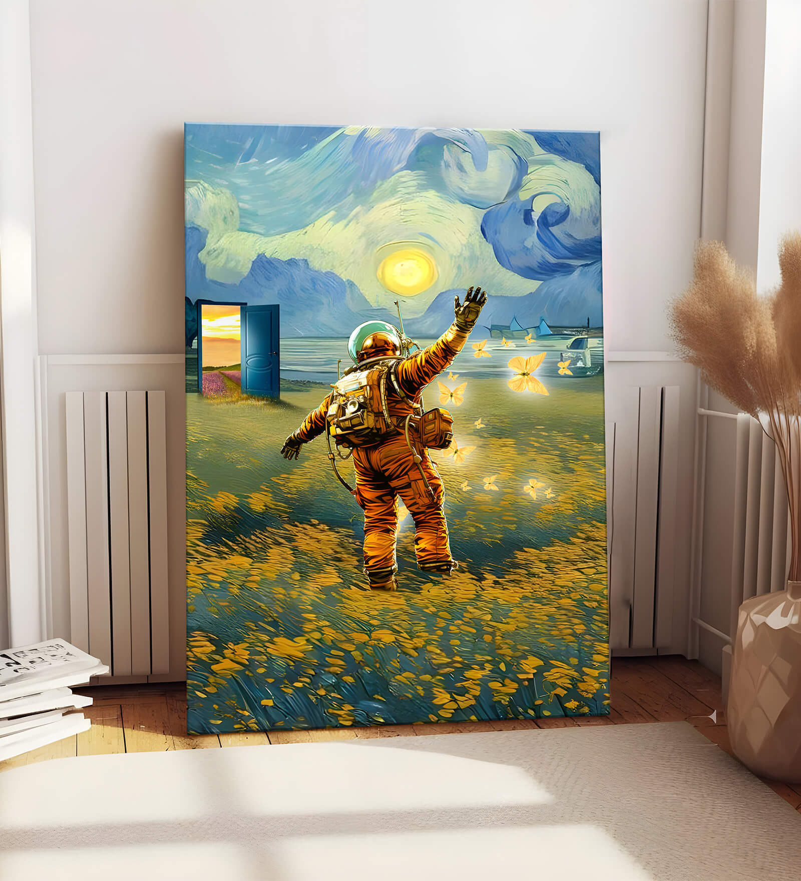 Stretched Canvas painting Space Astronaut Graffiti Floral Wall Art Home Decor