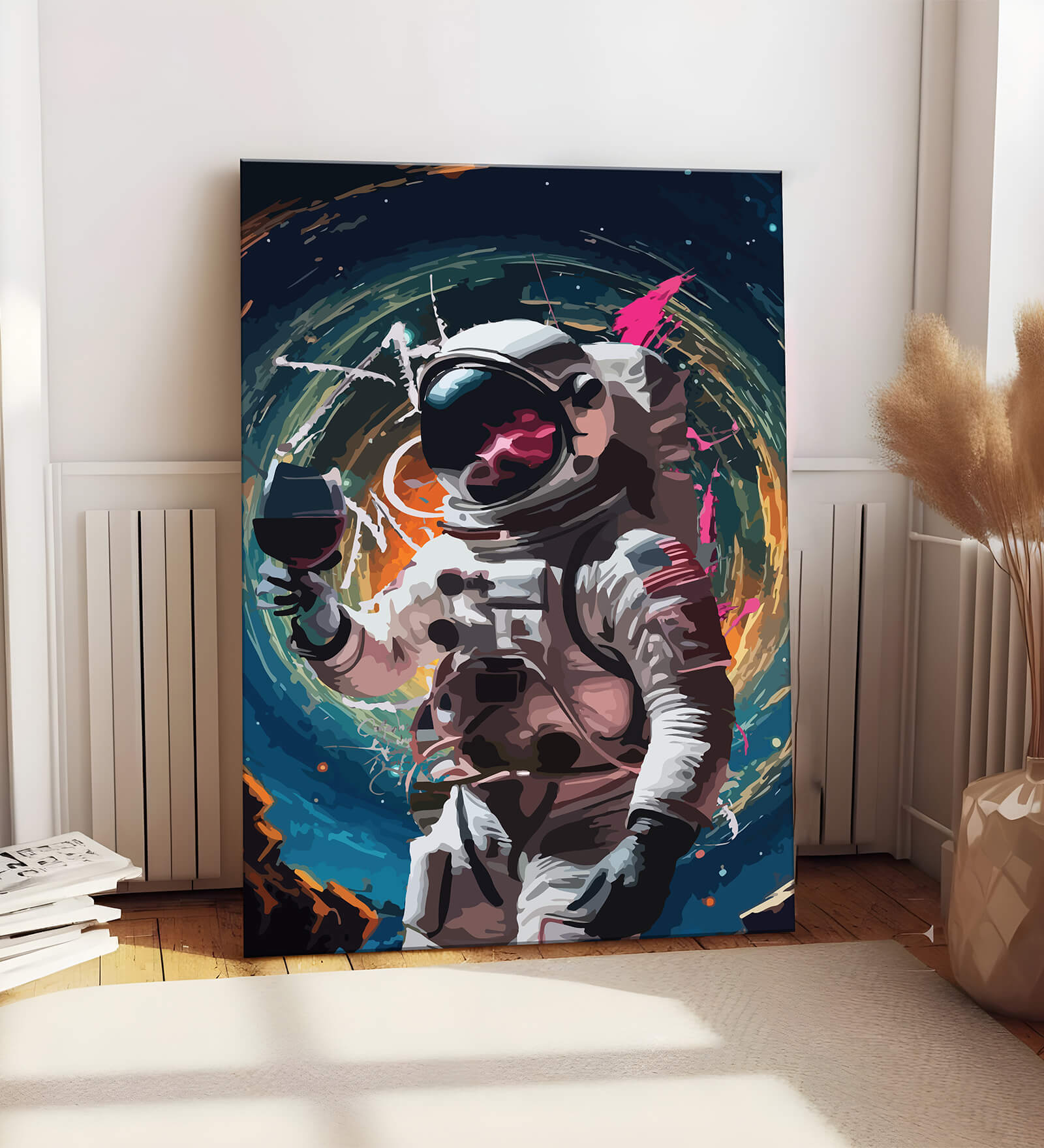 Stretched Canvas Painting Space Astronaut Wine Glass Graffiti WallArt Home Decor