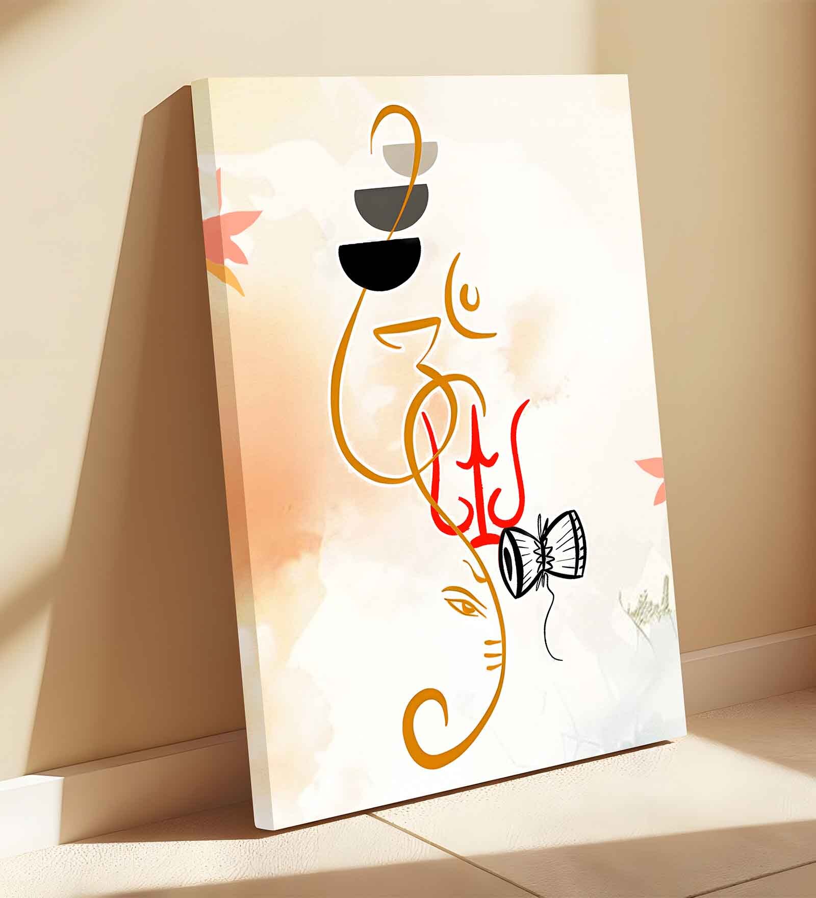 Stretched Canvas Wall Art Painting, Abstract Modern Om Ganesha Minimalist Art