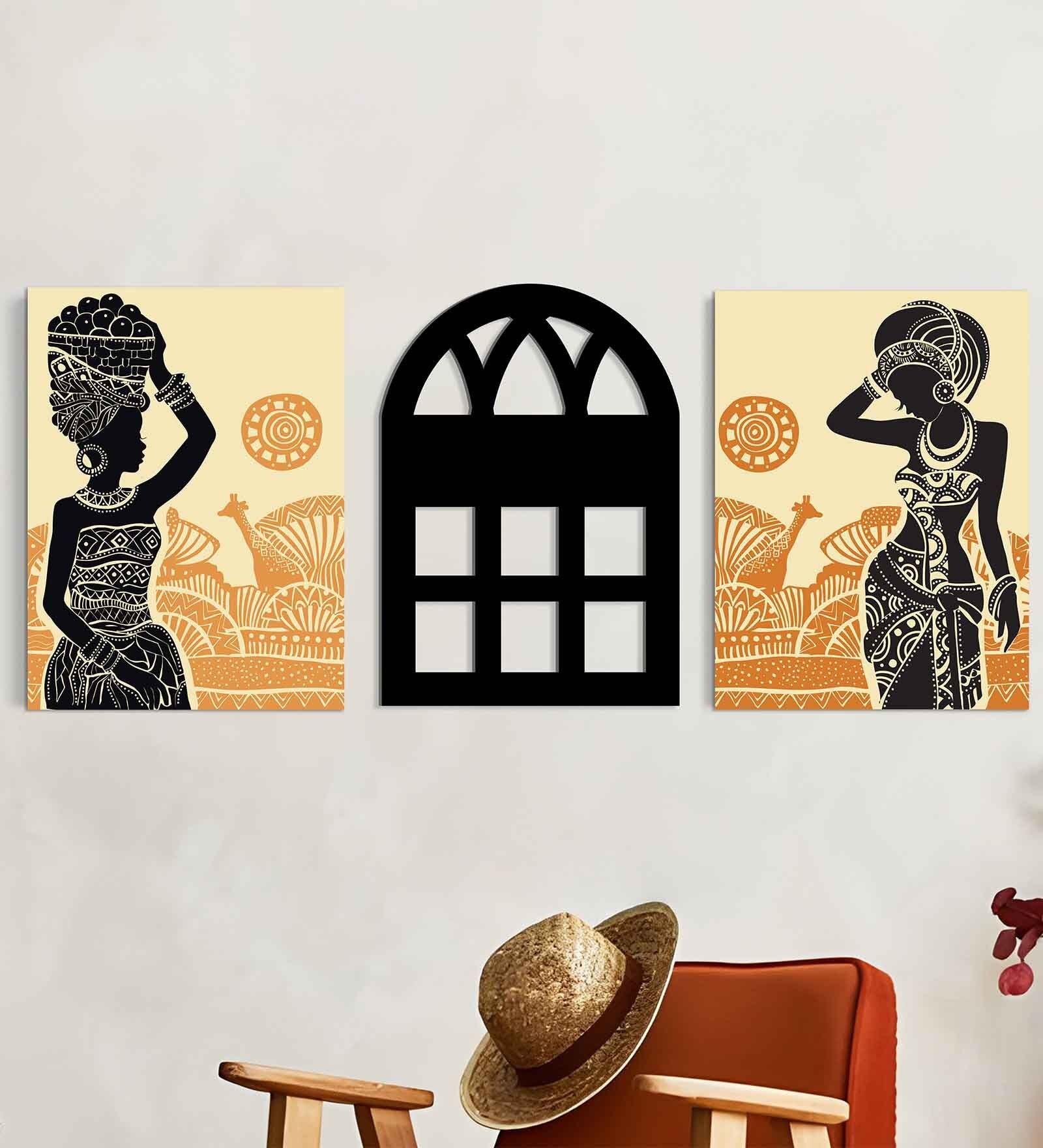 Stretched Canvas Wall Art Painting, Black African Lady, MDF Jali, (Set of 3, 12x16 Inch Each)