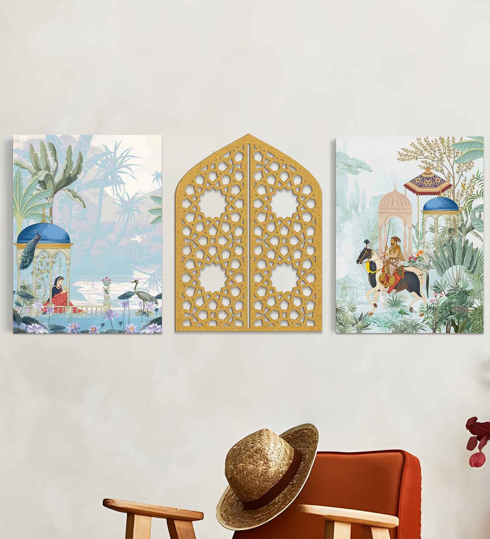 Stretched Canvas Wall Art Painting, Traditional Mughal Garden & Peacock (Set of 3, 12x16 Inch)