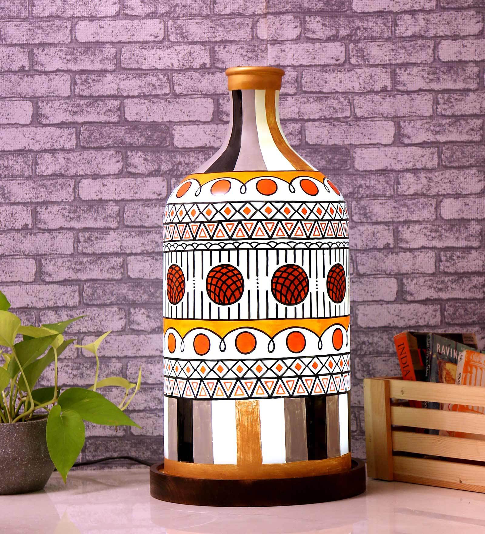 Stripe-It-Out Hand Painted Glass Shade Table LED Lamp With Wooden Base