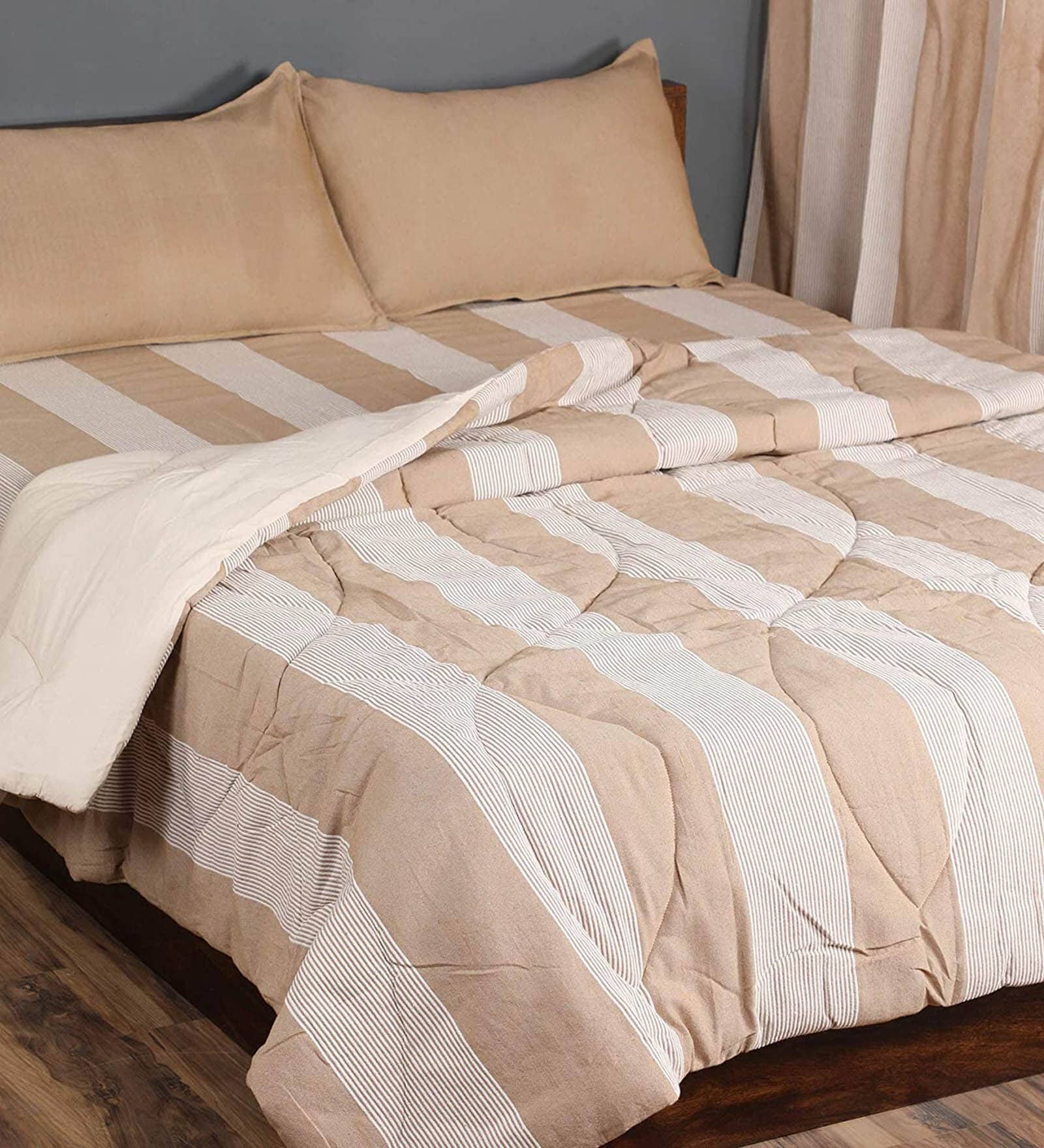 Buy Beige Striped 210 TC Cotton (Set of 6) Double Bed Bedding Sets by