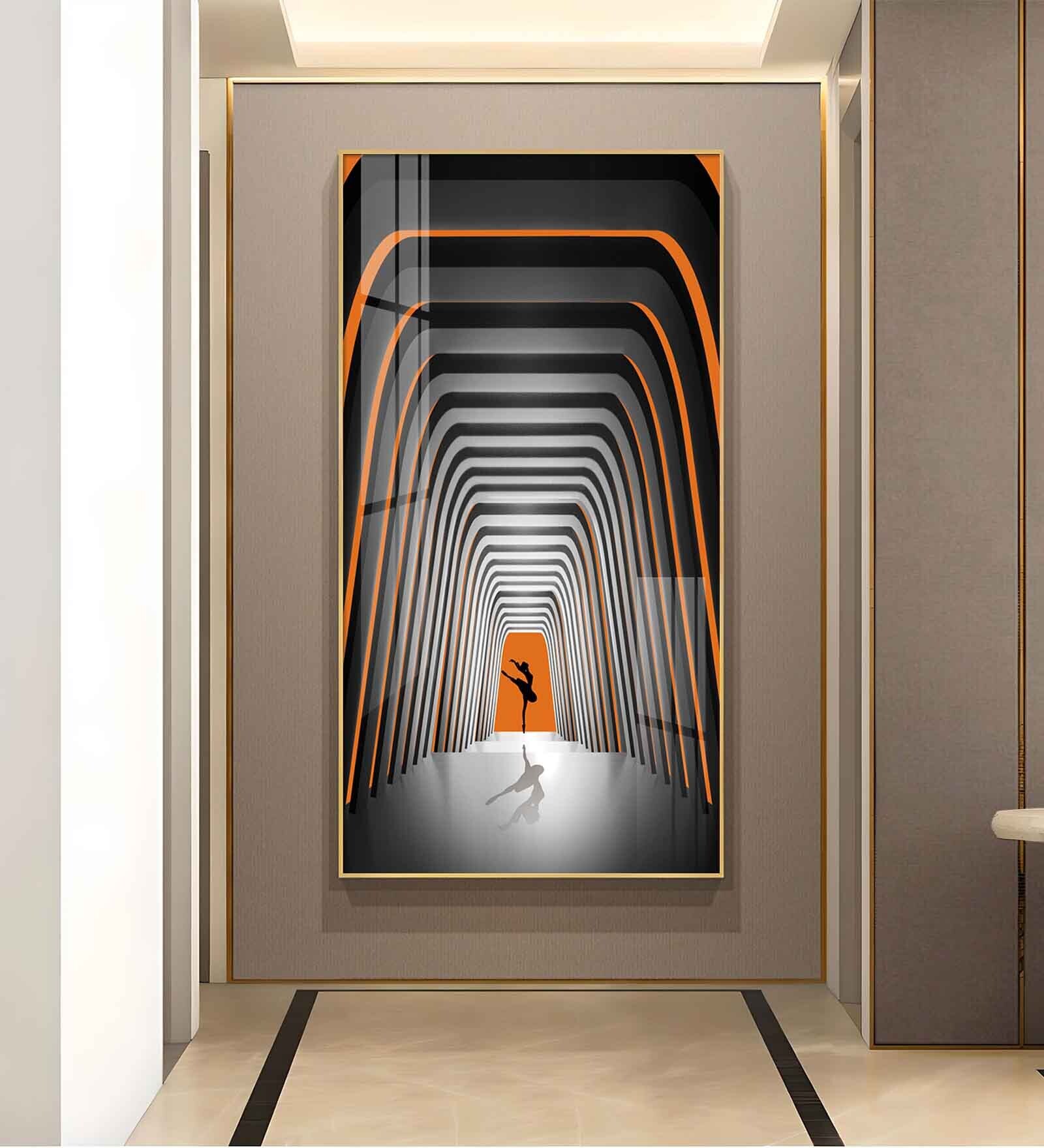 Striped Illusion Of Dancing Girl Glass Finish Vertical Wall Art