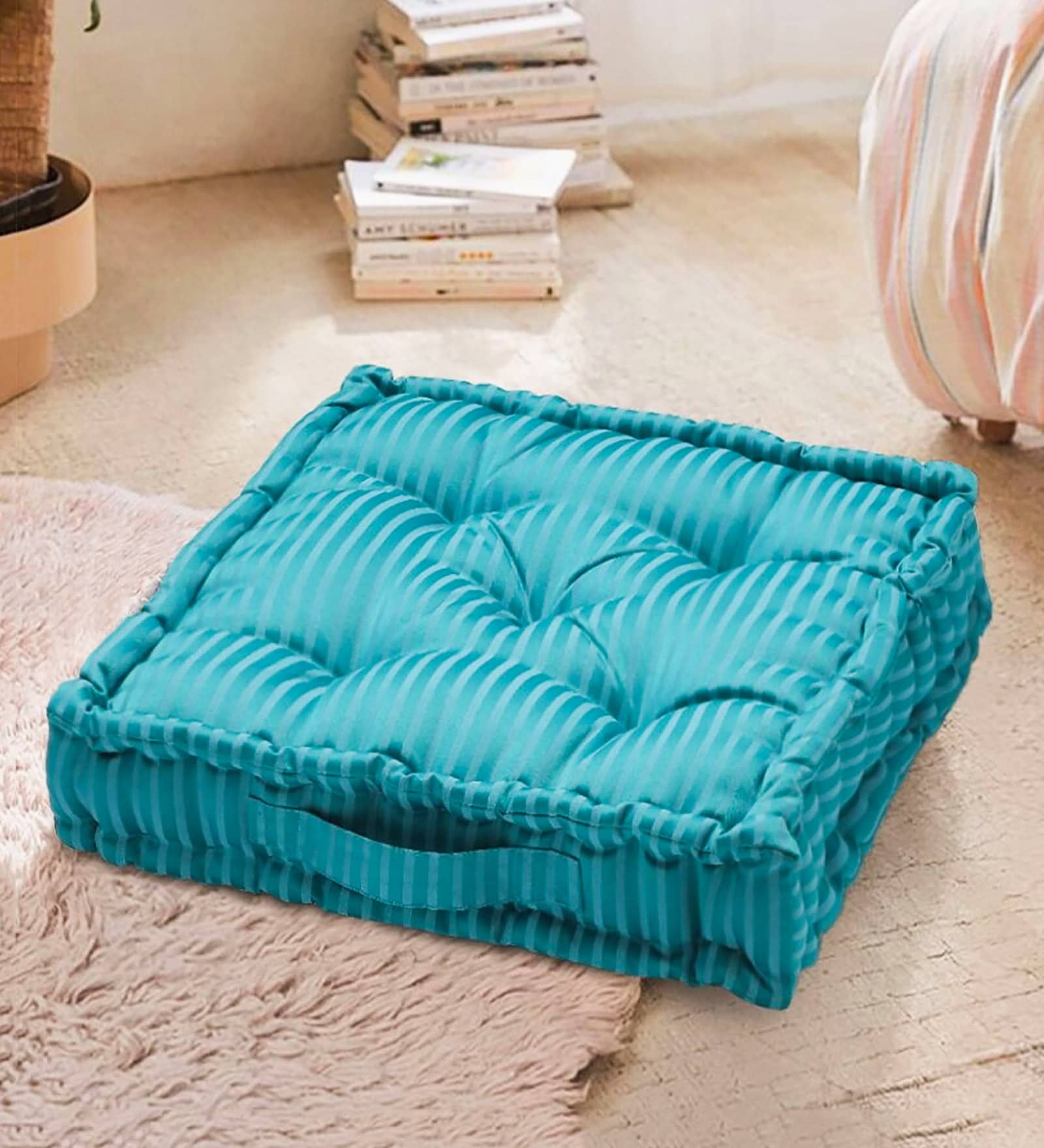Buy Striped Turquoise Polyester 20X20 Inches Square Floor Cushion By