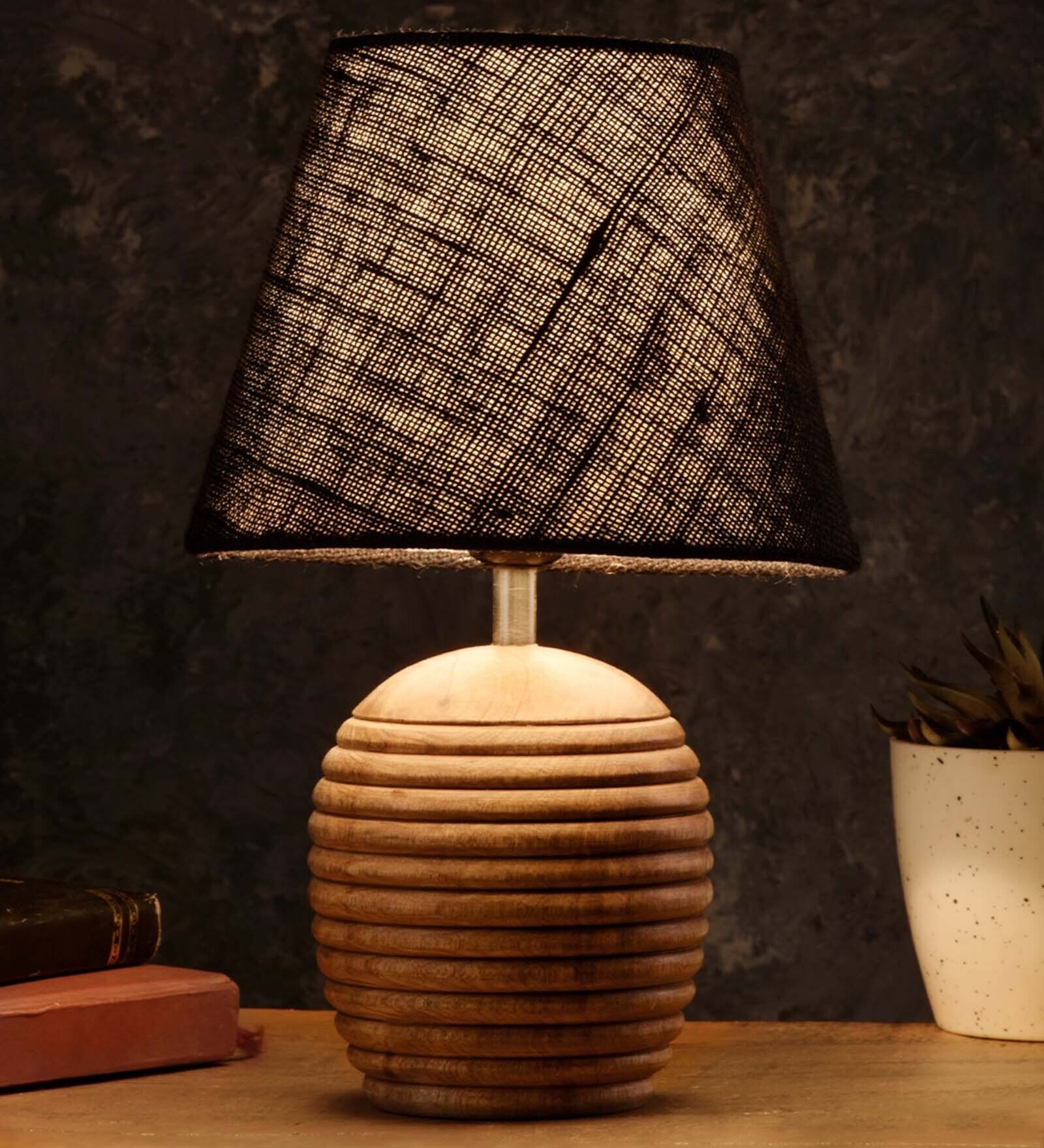 Striped Wooden Brown Lamp With Black Jute Shade