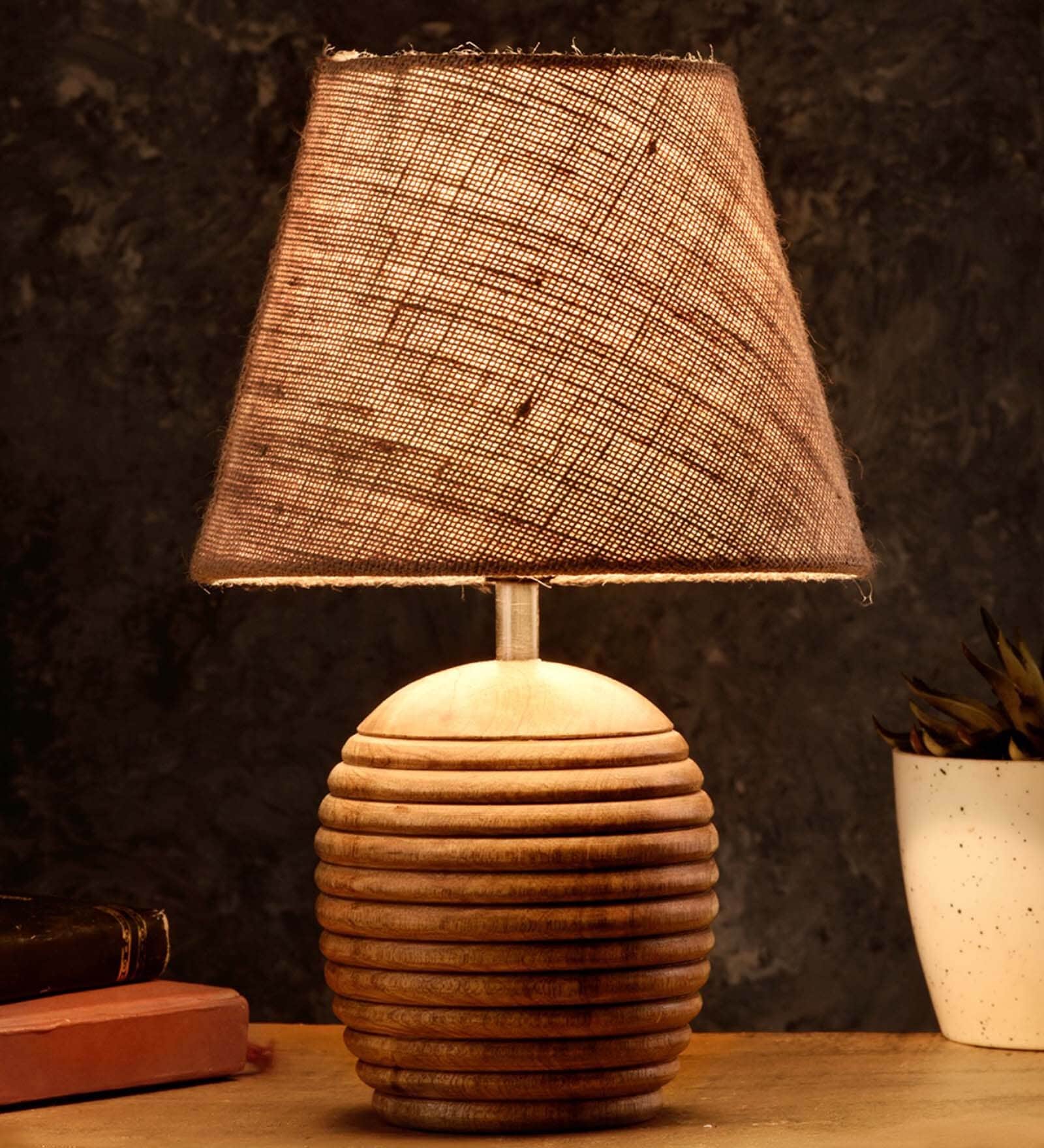 Striped Wooden Brown Lamp With Brown Jute Shade