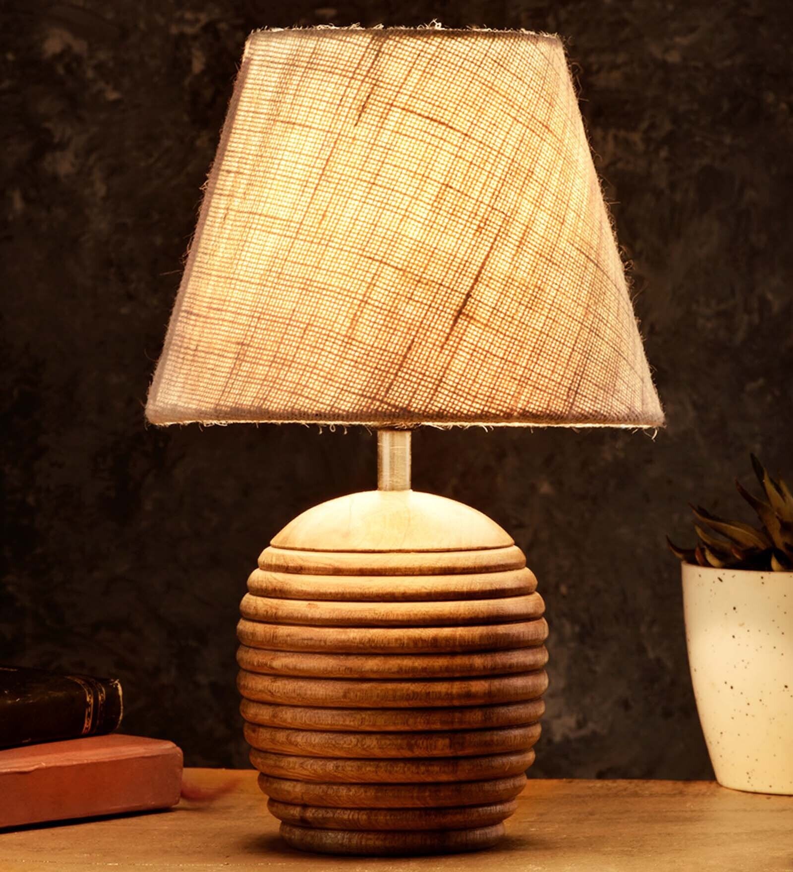 Striped Wooden Brown Lamp With White Jute Shade