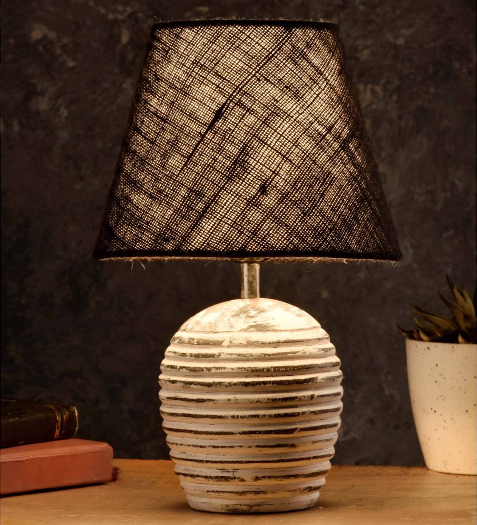 Striped Wooden White Lamp With Black Jute Shade