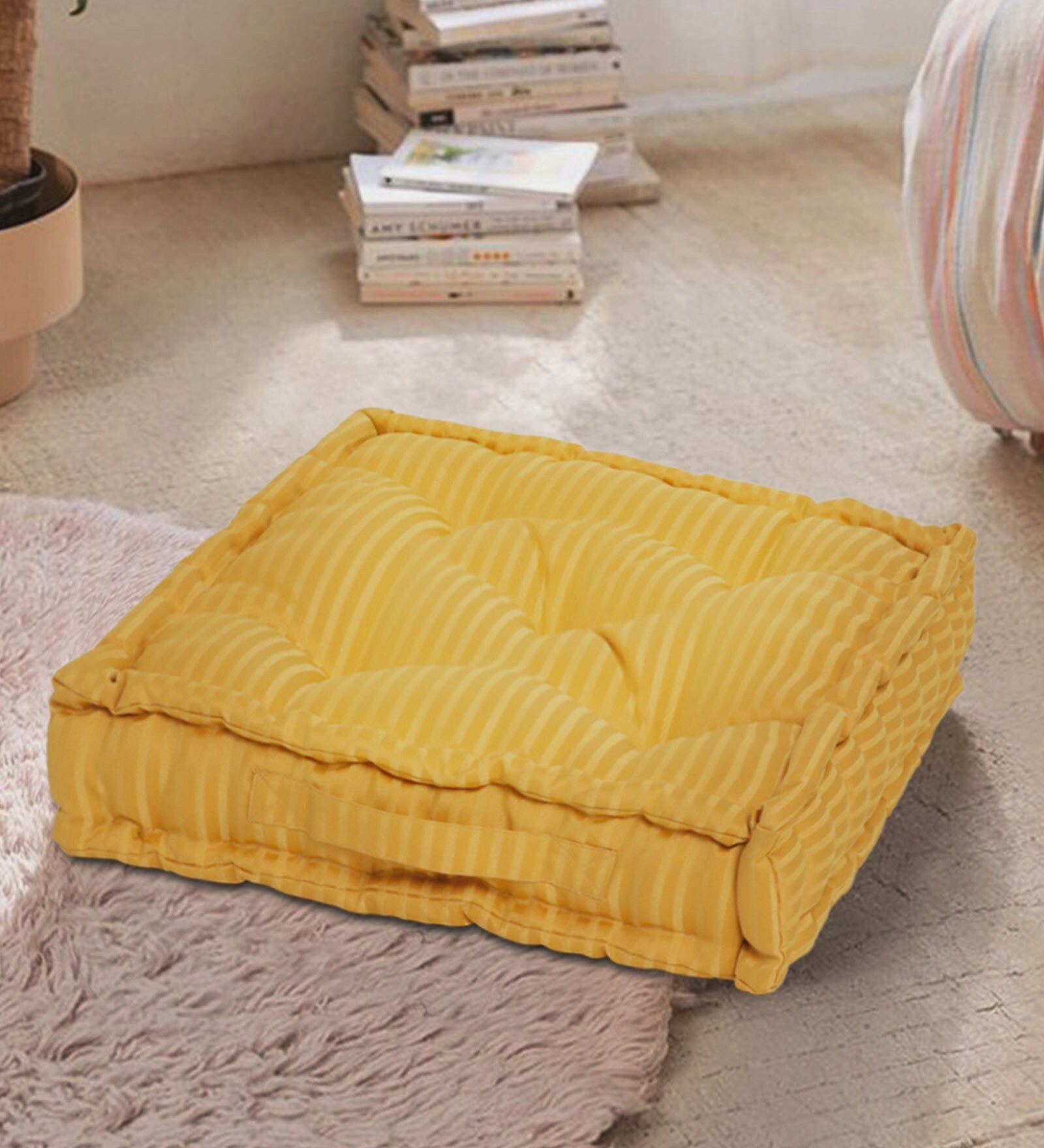 Buy Striped Yellow Polyester 20X20 Inches Square Floor Cushion By