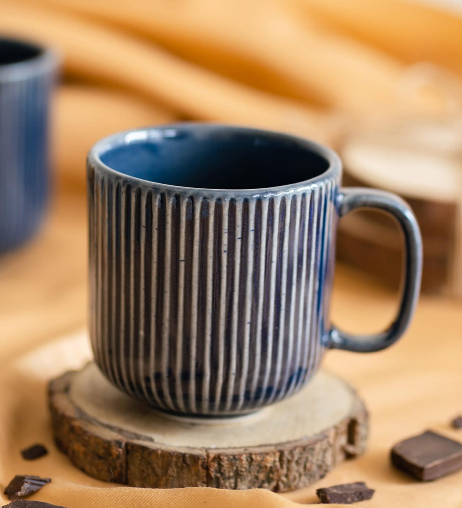 Stripped 330ml Blue Ceramic (Set of 2) Coffee Mugs