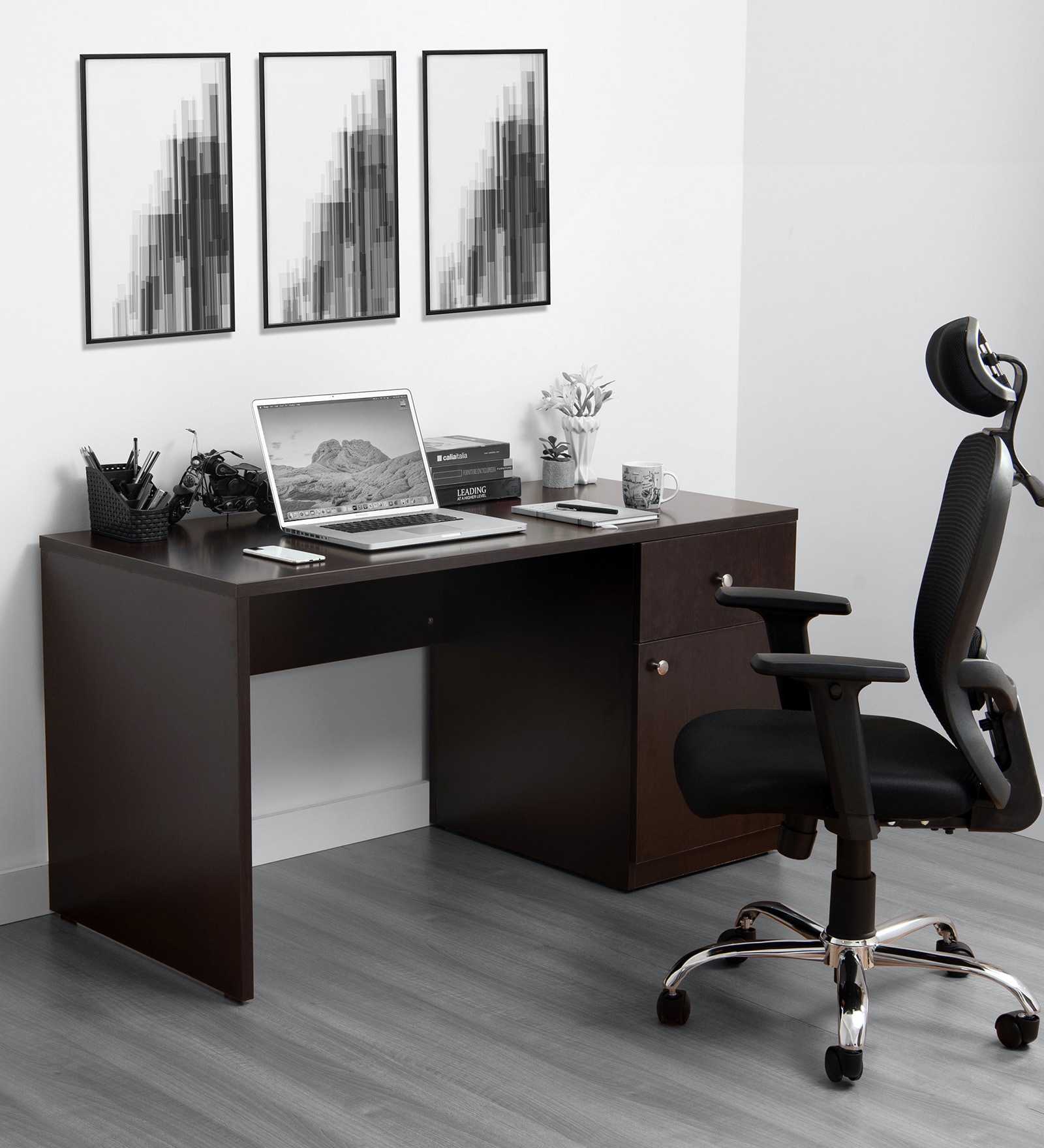 Strongman Premium Desk And Milan High Back Chair (Combo) In Brown & Black Strongman Premium Desk And Milan High Back Chair (Combo) In Brown & Black