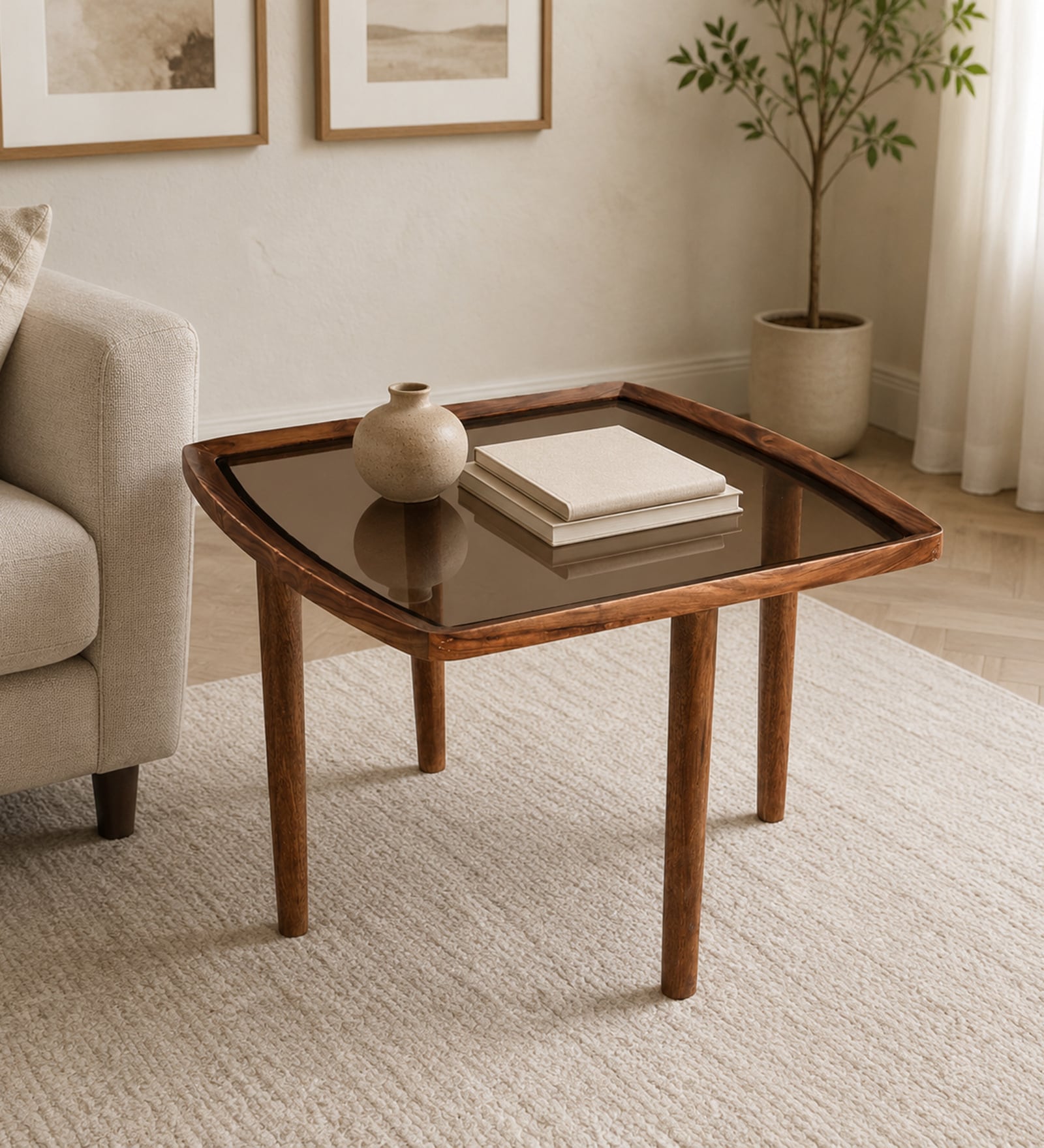 Strut Sheesham Wood Square Coffee Table in Provincial Teak Finish with Tinted Glass
