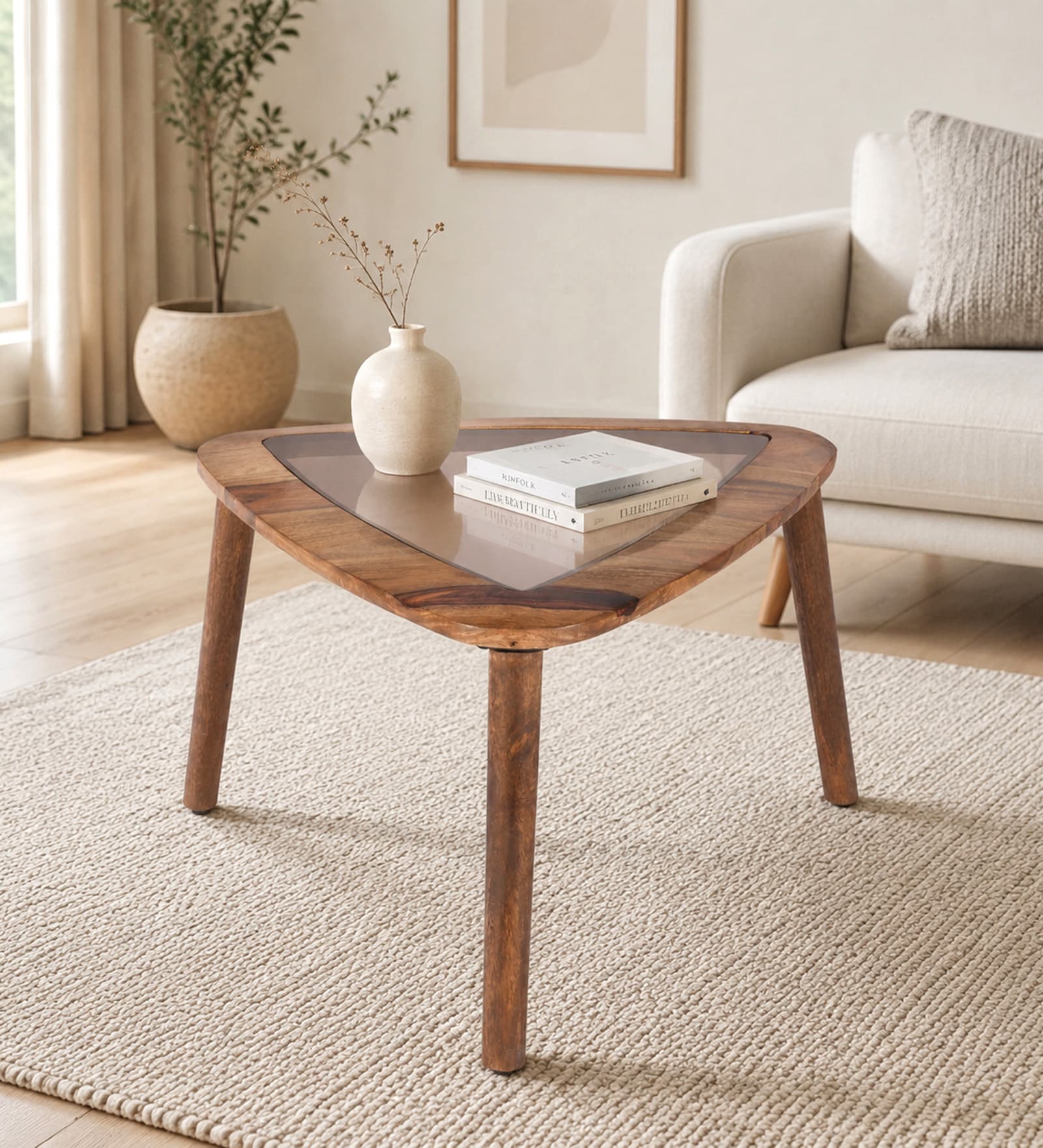 Strut Sheesham Wood Triangular End Table in Provincial Teak Finish with Tinted Glass Strut Sheesham Wood Triangular End Table in Provincial Teak Finish with Tinted Glass