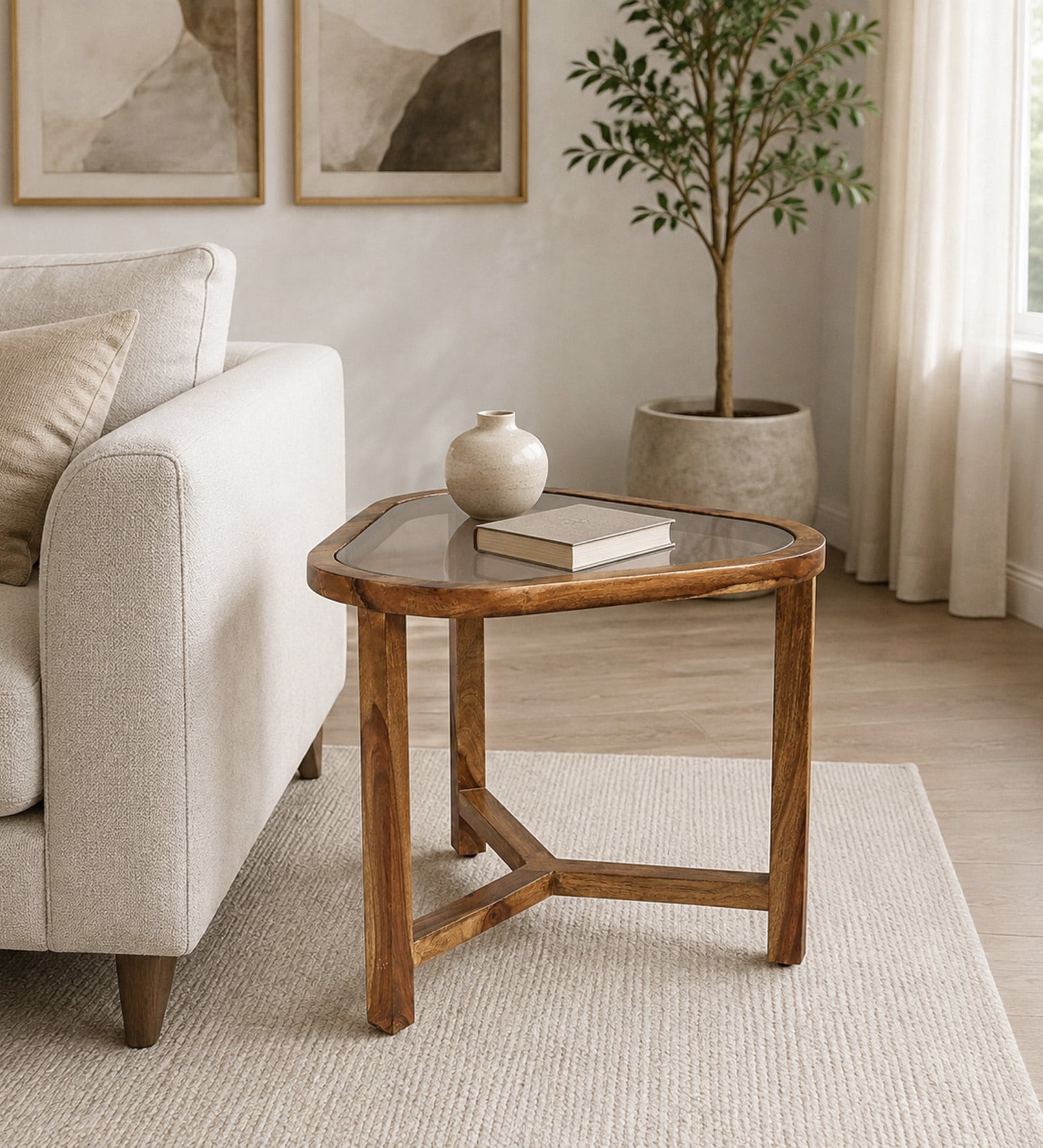 Strut Sheesham Wood Triangular Side Table in Provincial Teak Finish with Tinted Glass Strut Sheesham Wood Triangular Side Table in Provincial Teak Finish with Tinted Glass