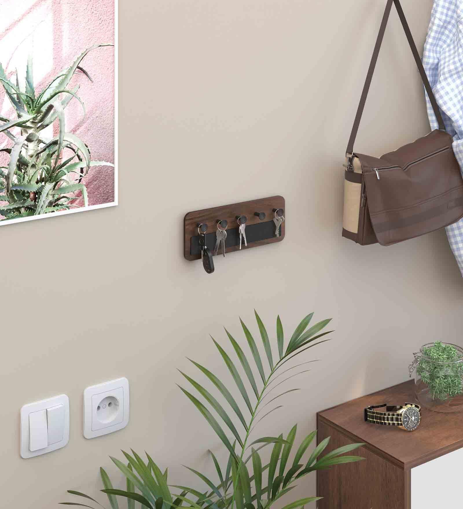 Brown Maple Wooden Wall Mounted Key Holder Hanger with 5 Knobs Maple