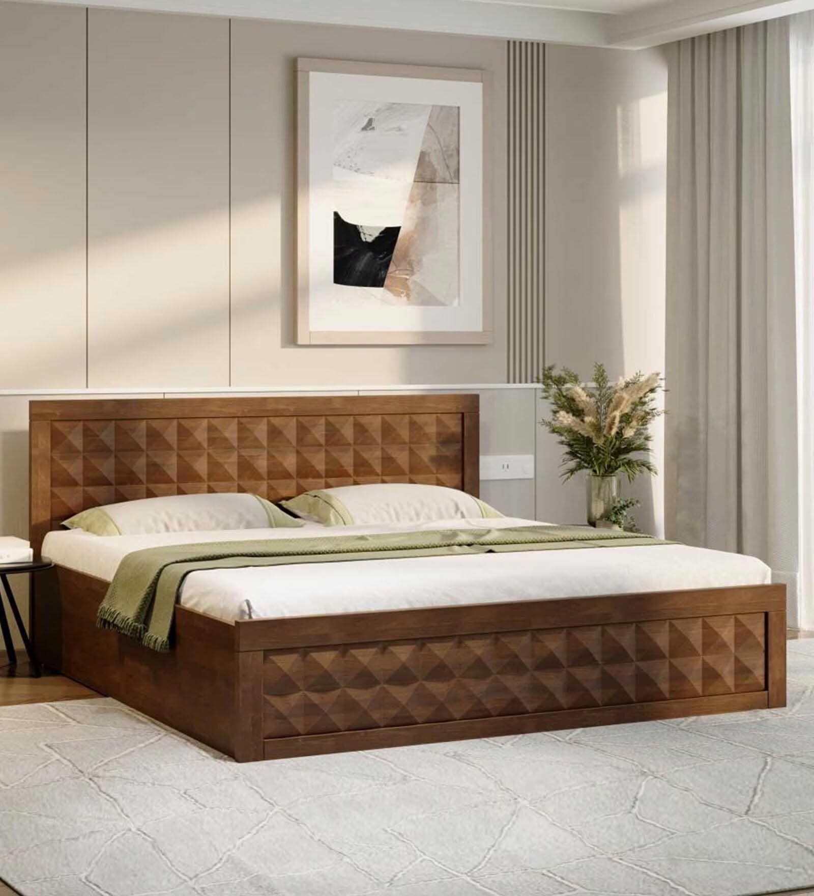 Buy Stud Solid Wood King Size Bed In Irish Walnut Finish With Hydraulic
