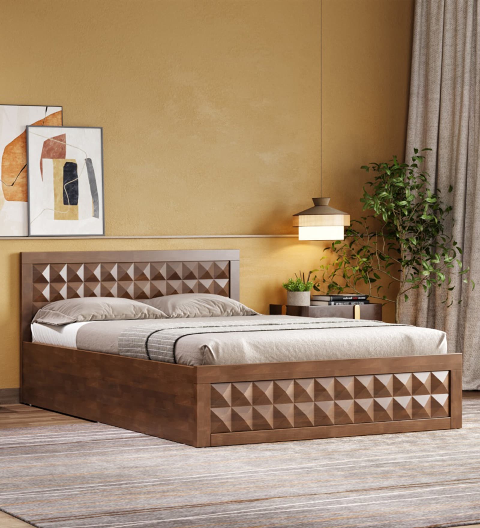 Buy Stud Solid Wood Queen Size Bed In Irish Walnut Colour With
