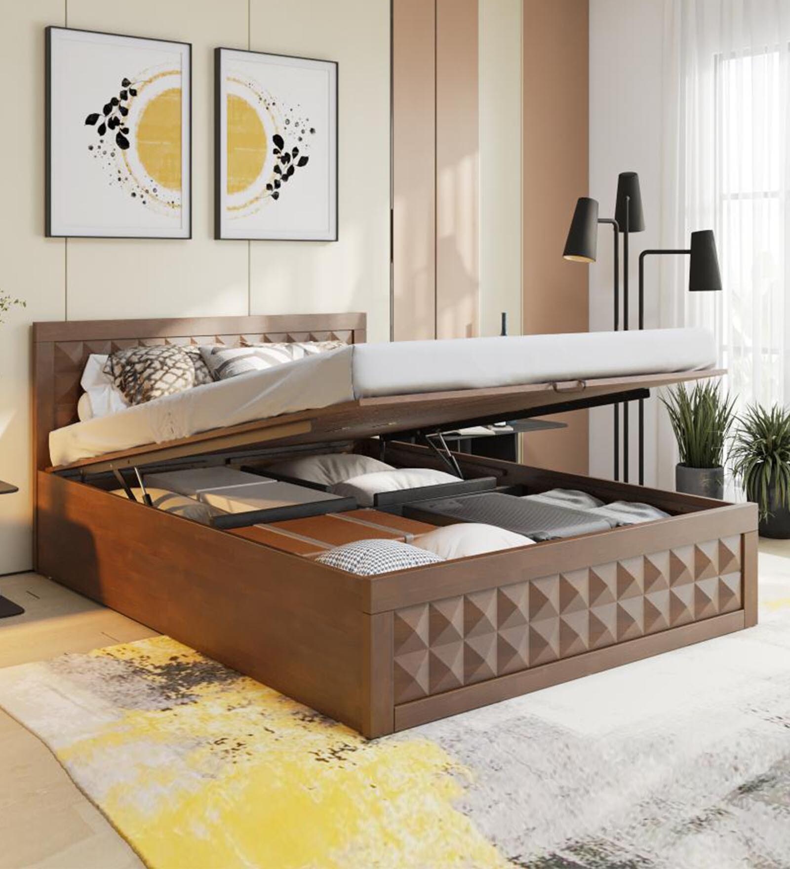 Buy Stud Solid Wood Queen Size Bed In Irish Walnut Colour With