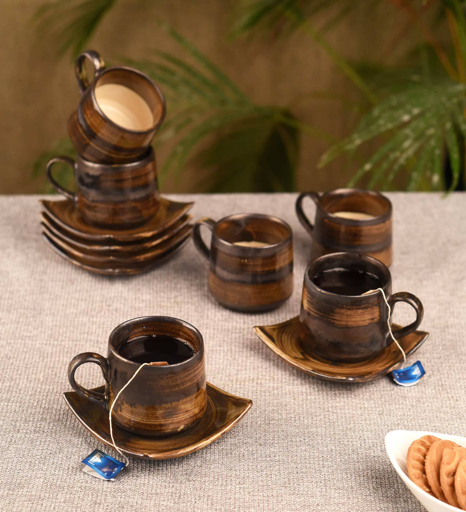 Studio Pottery 110ml Brown Ceramic (Set of 12) Tea Cup & Saucer Set
