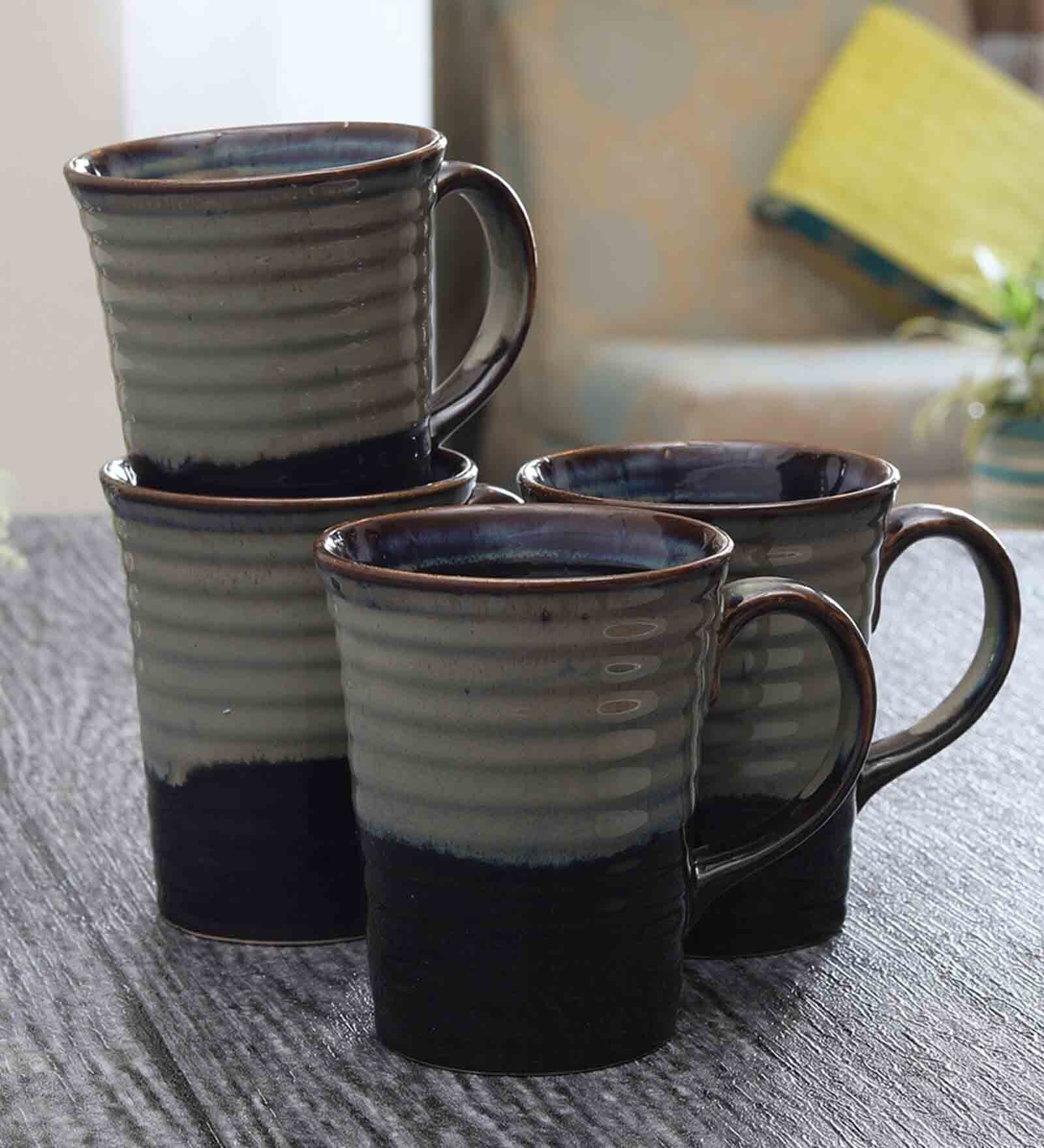 Stripe 350ml Grey & Black Stoneware (Set of 4) Coffee Mug