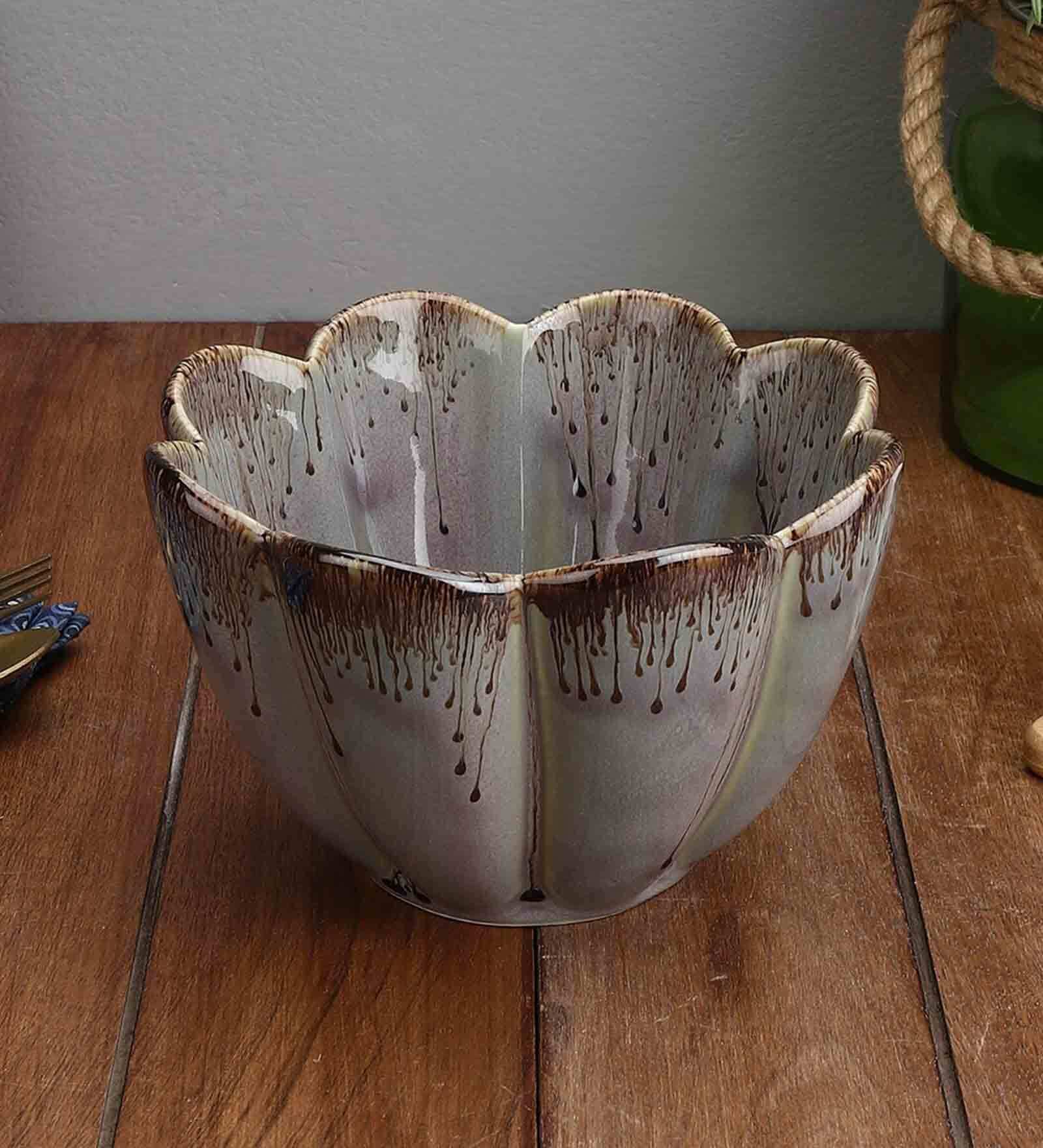 Studio Pottery 900ml Flower Brown Ceramic Serving Bowl
