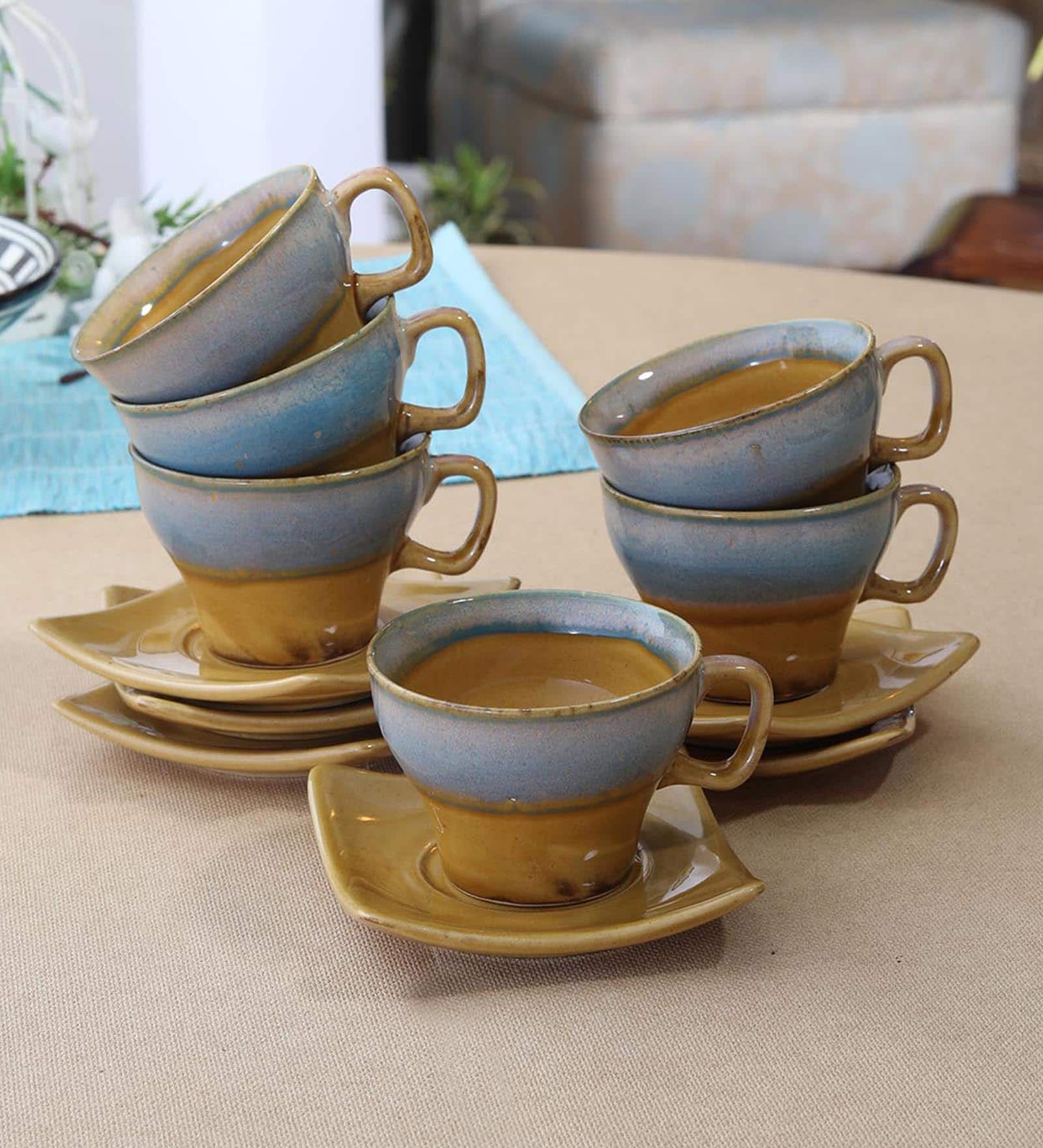 Studio Glazed 170ml Brown & Blue Ceramic (Set of 12) Tea Cup & Saucer Set