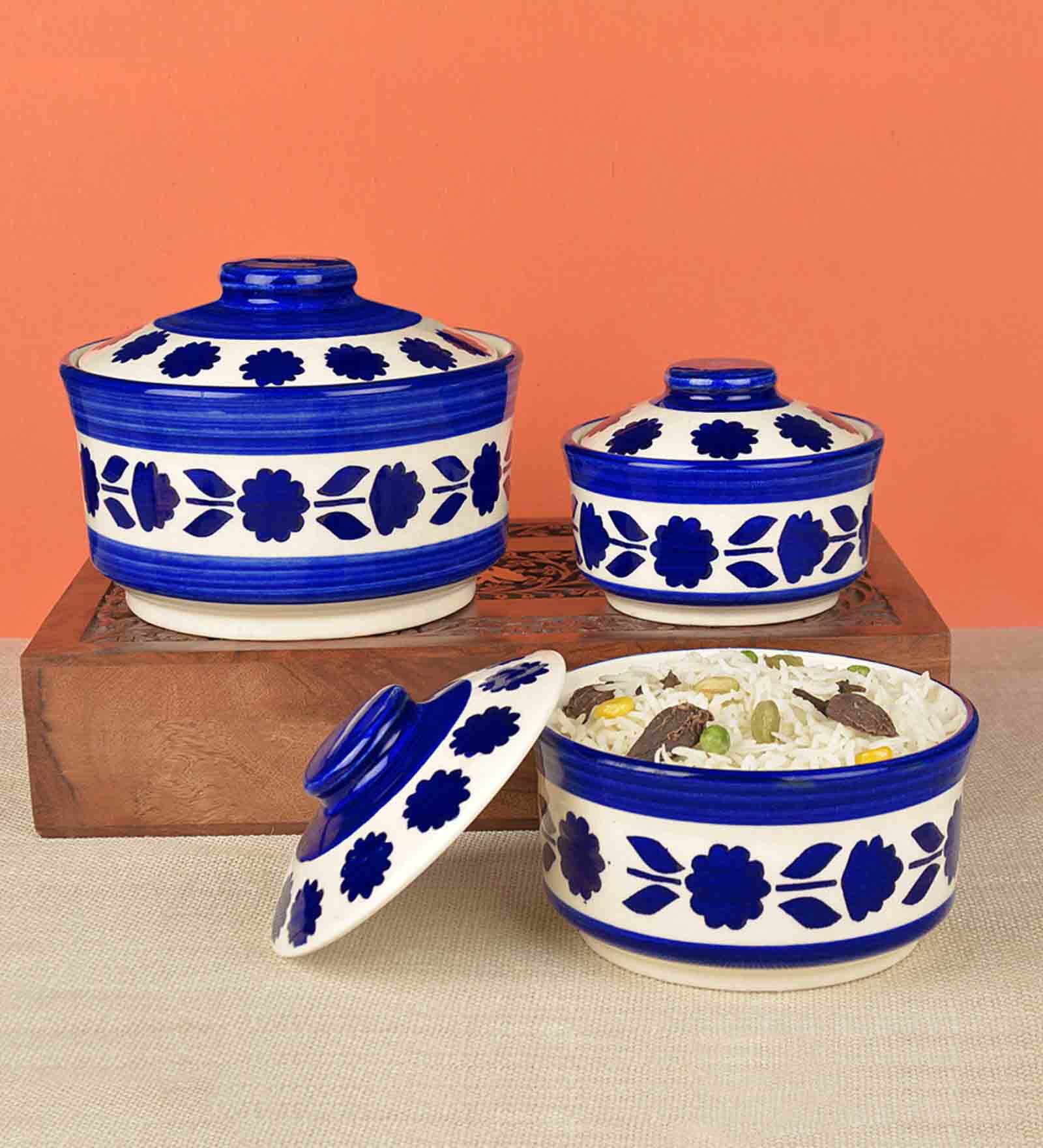 Studio Pottery Handpainted Ceramic Serving Donga With Lid Casserole Set Set of 3