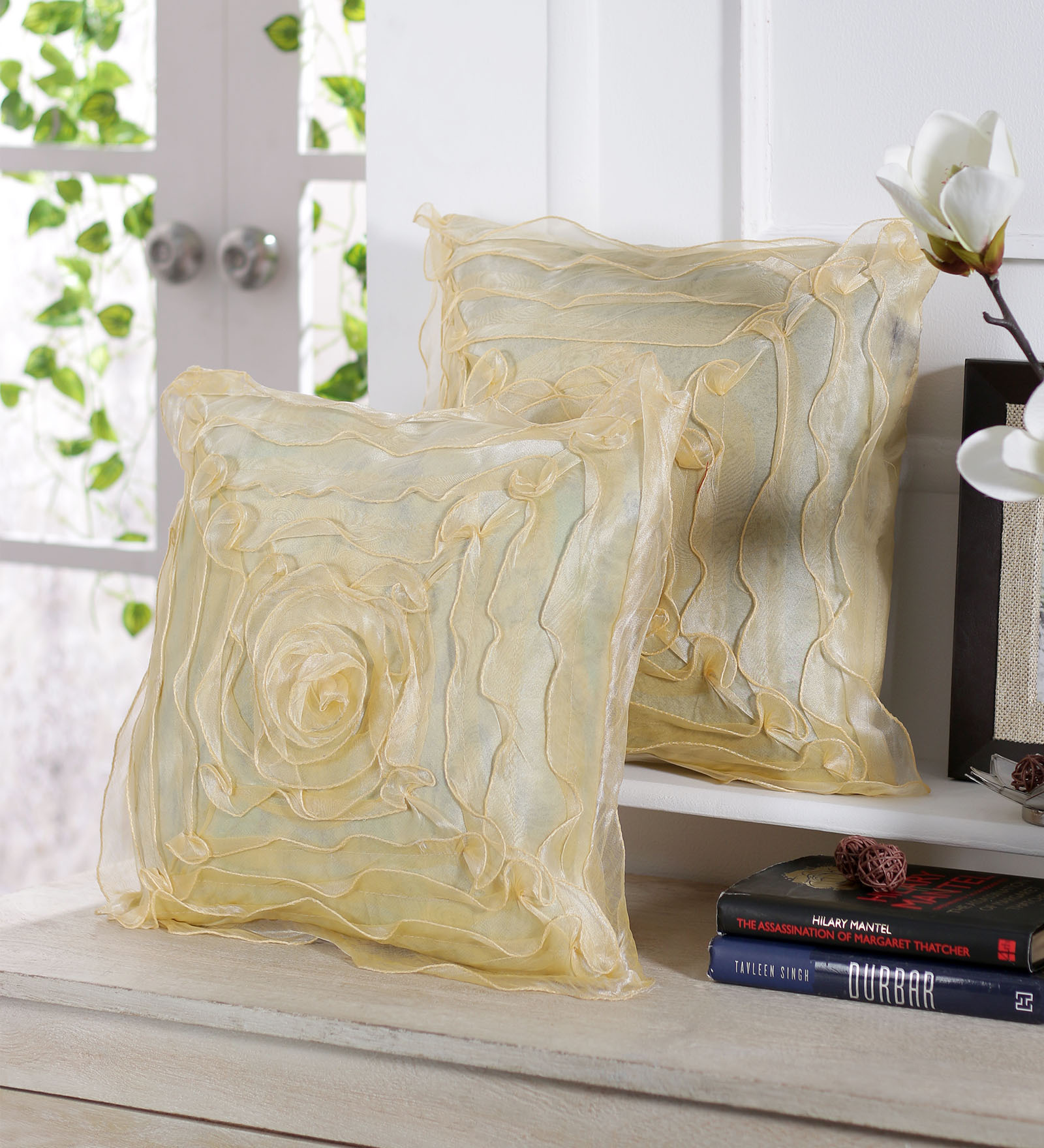 Set of 5 Floral Pattern Silk Yellow Cushion Covers 16 x 16 inches