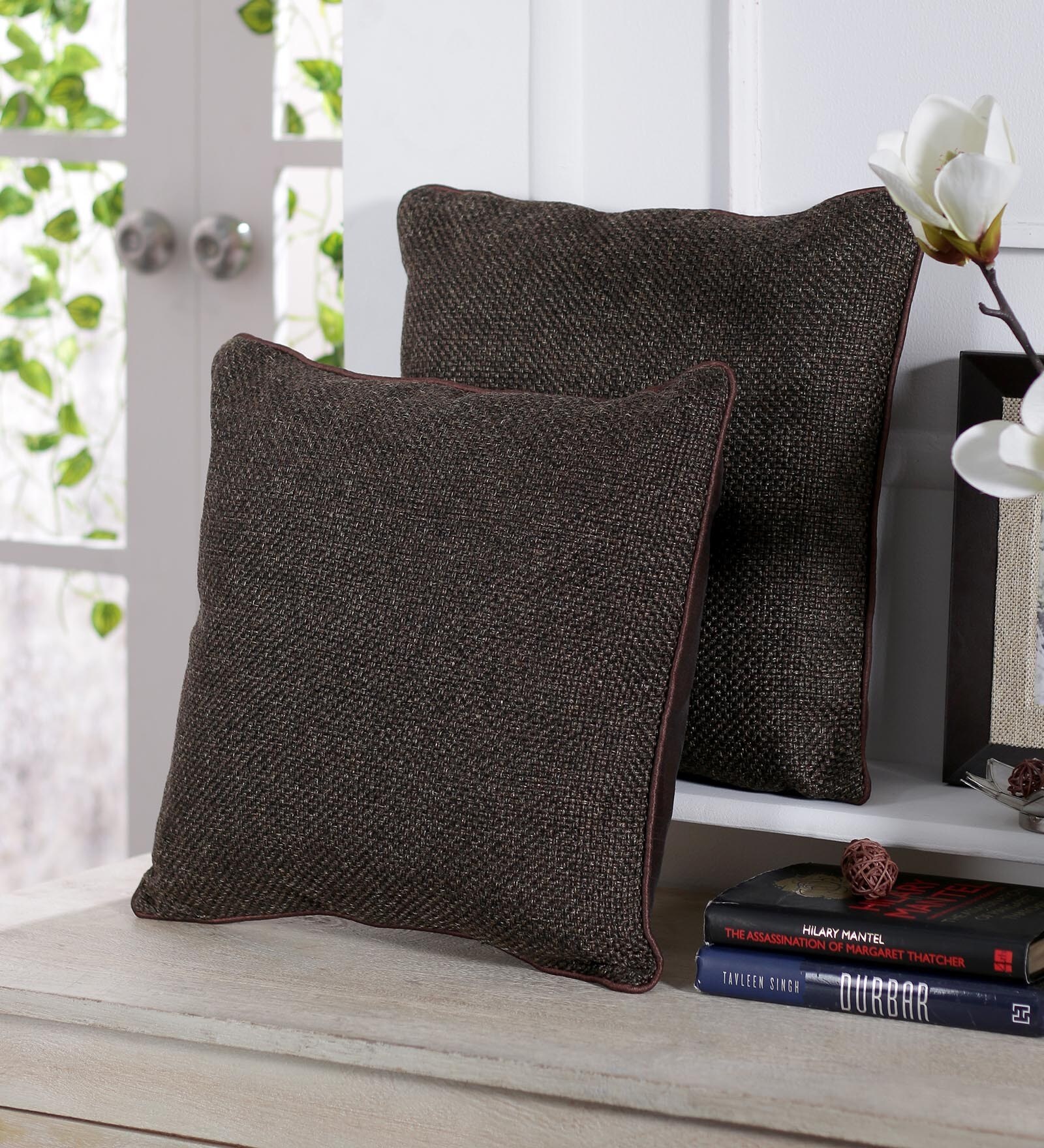 Buy Set of 5 Solid Pattern Jute Brown Cushion Covers 16 x 16 inches by